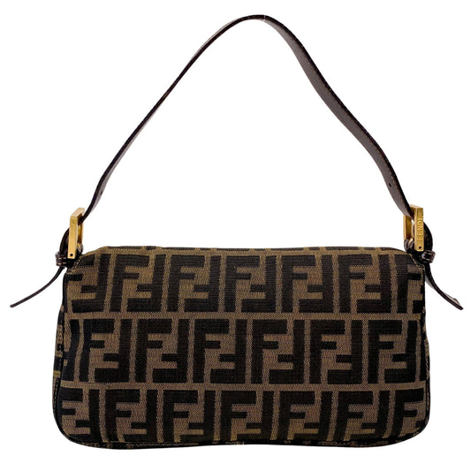 Baguette Brown Canvas Shoulder Bag with Gold Hardware