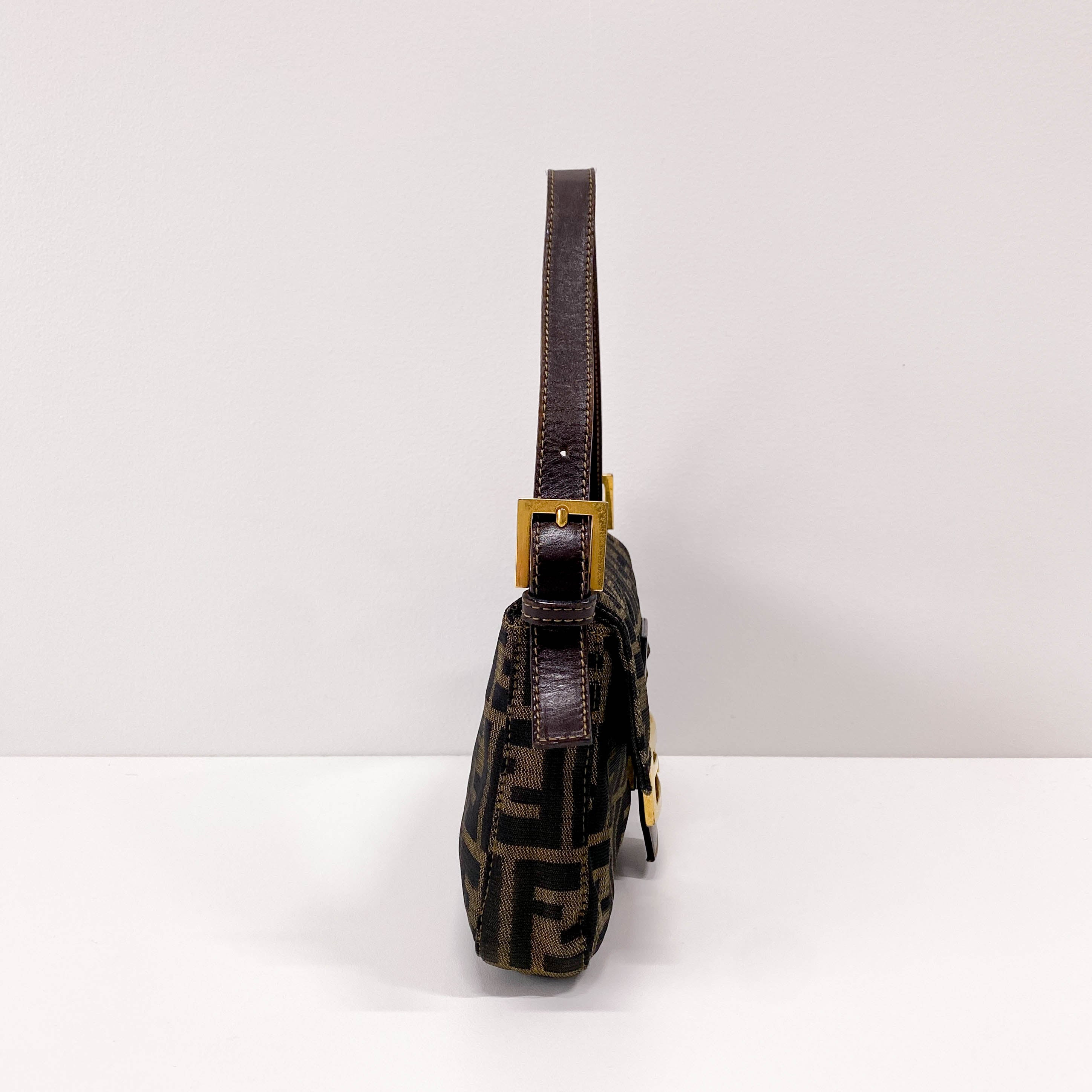 Baguette Brown Canvas Shoulder Bag with Gold Hardware