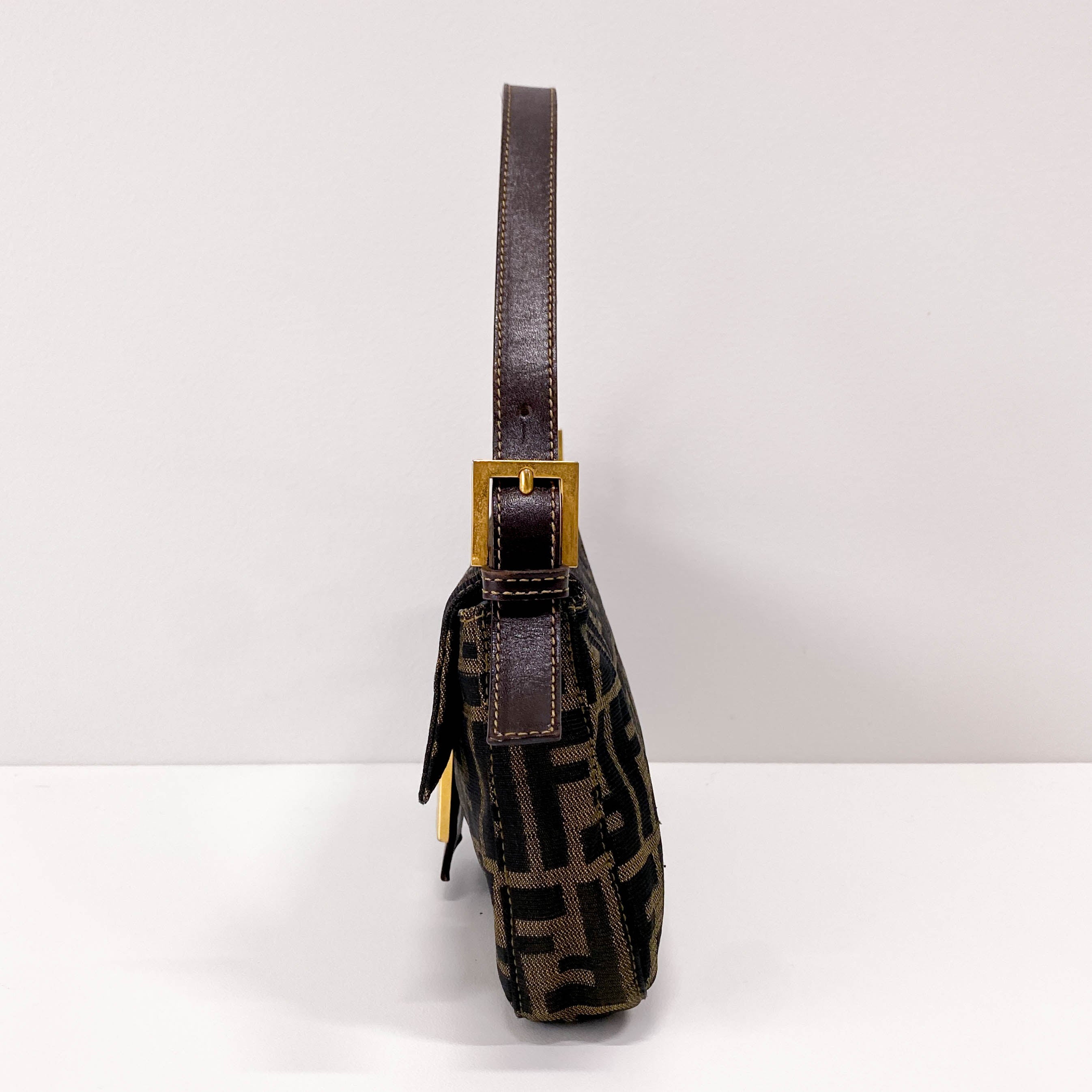 Baguette Brown Canvas Shoulder Bag with Gold Hardware