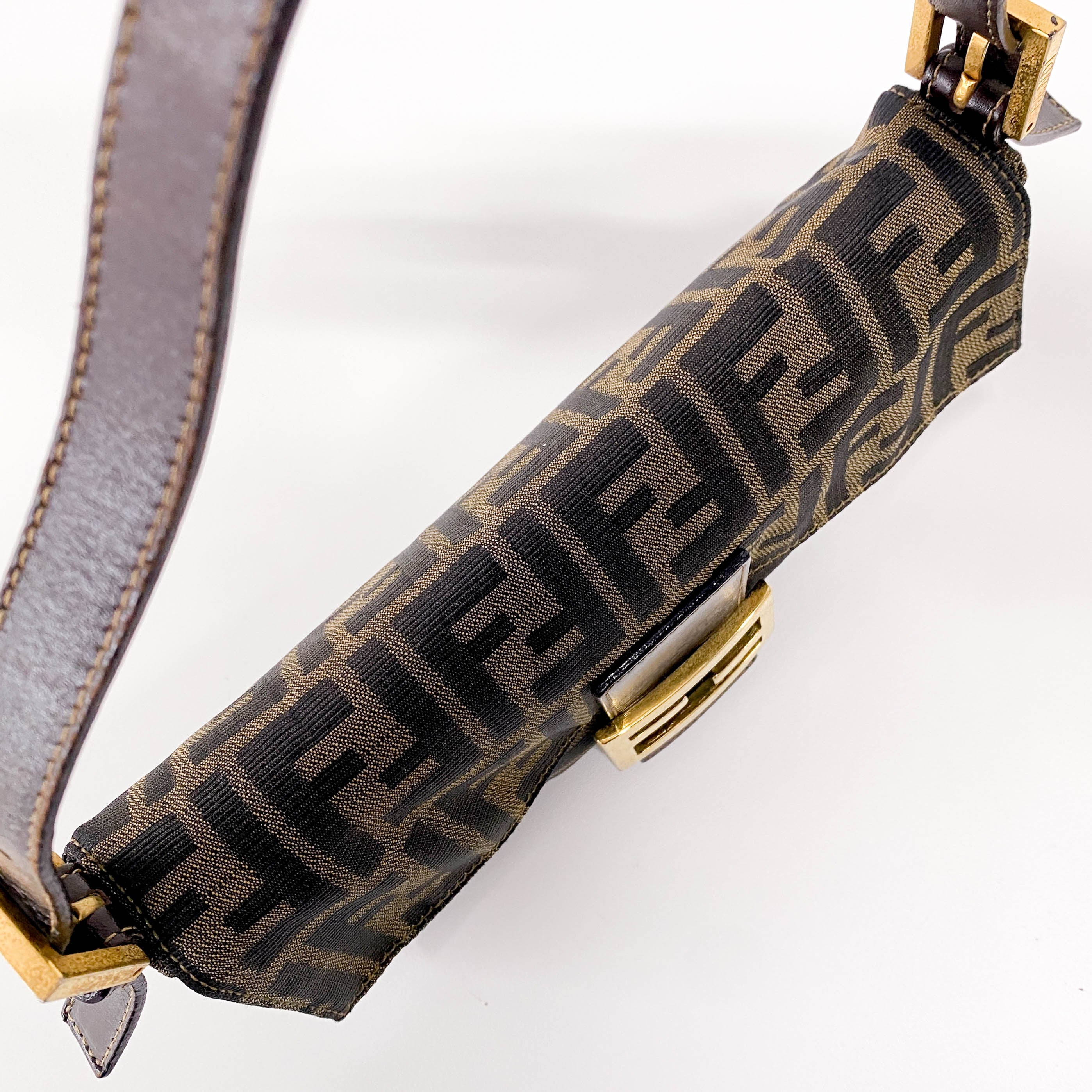 Baguette Brown Canvas Shoulder Bag with Gold Hardware