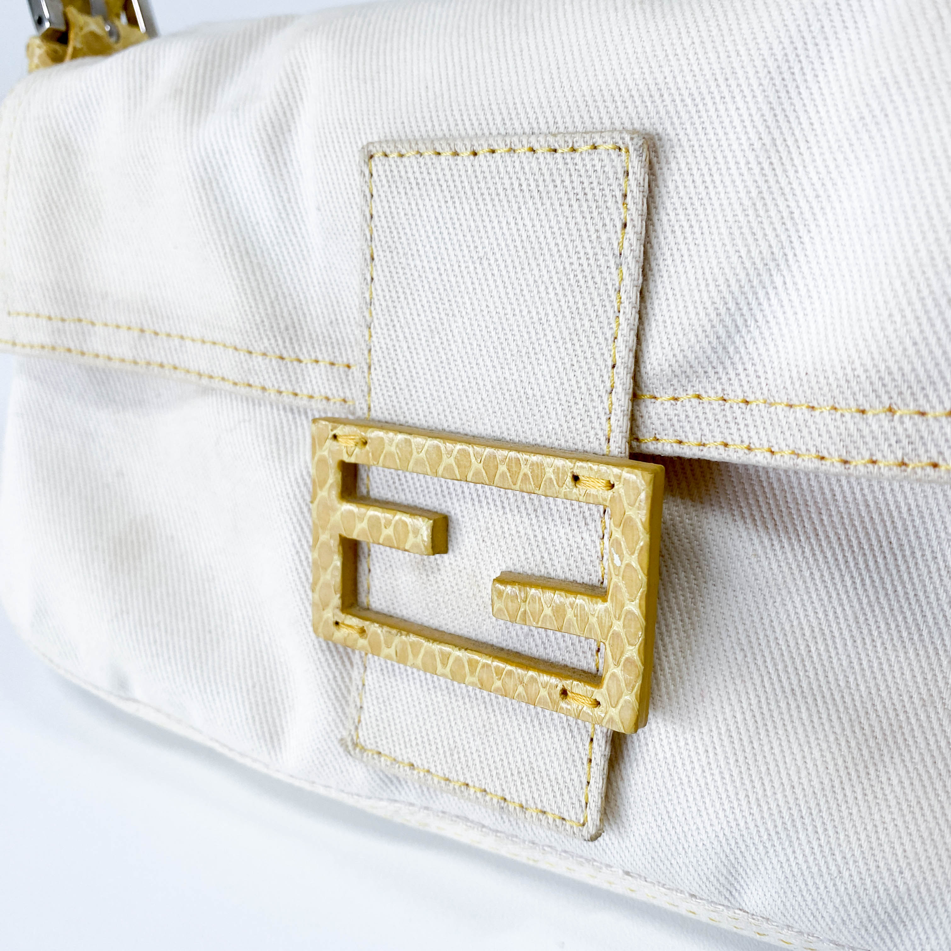 Baguette Beige Cotton Canvas & Yellow Phyton Leather Shoulder Bag