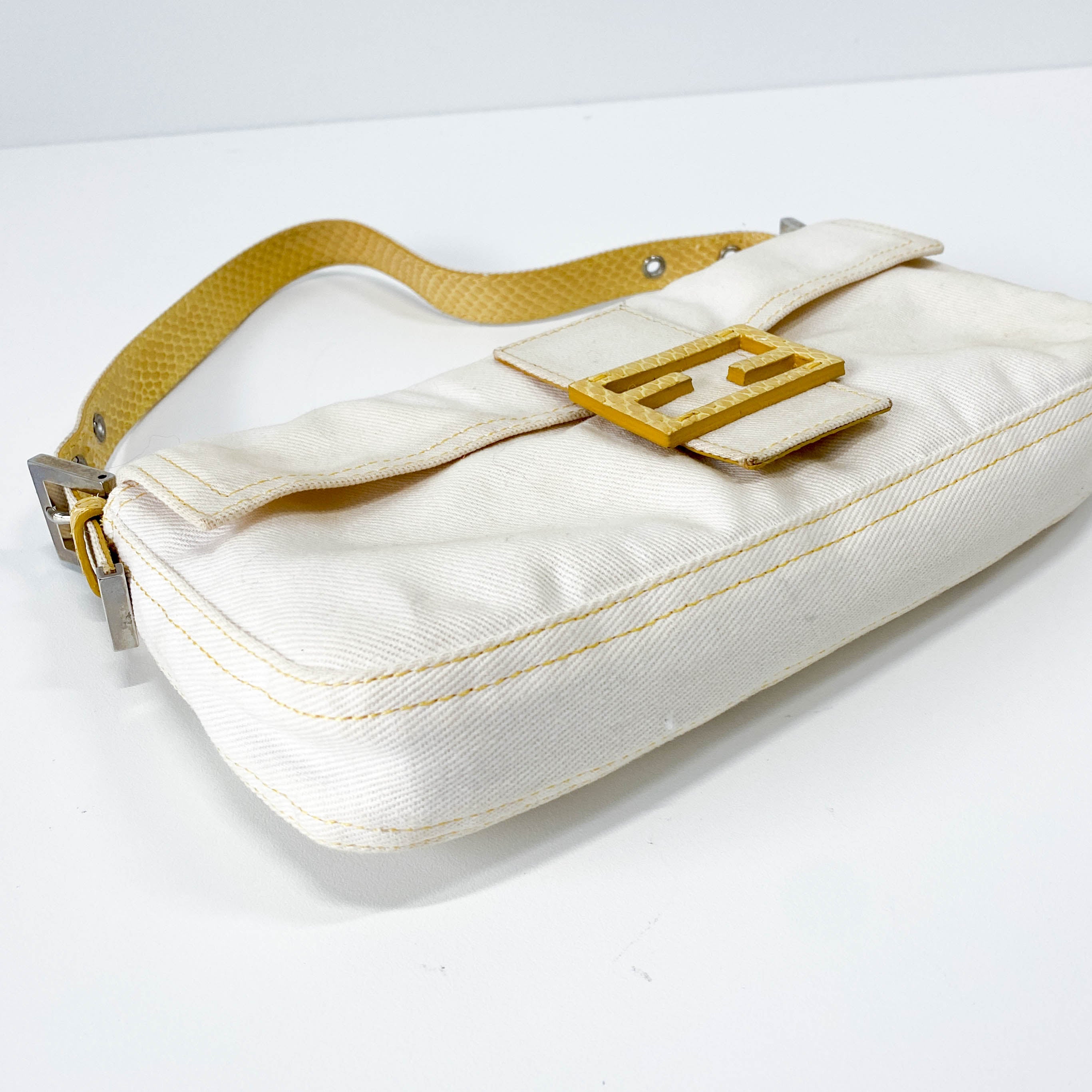 Baguette Beige Cotton Canvas & Yellow Phyton Leather Shoulder Bag
