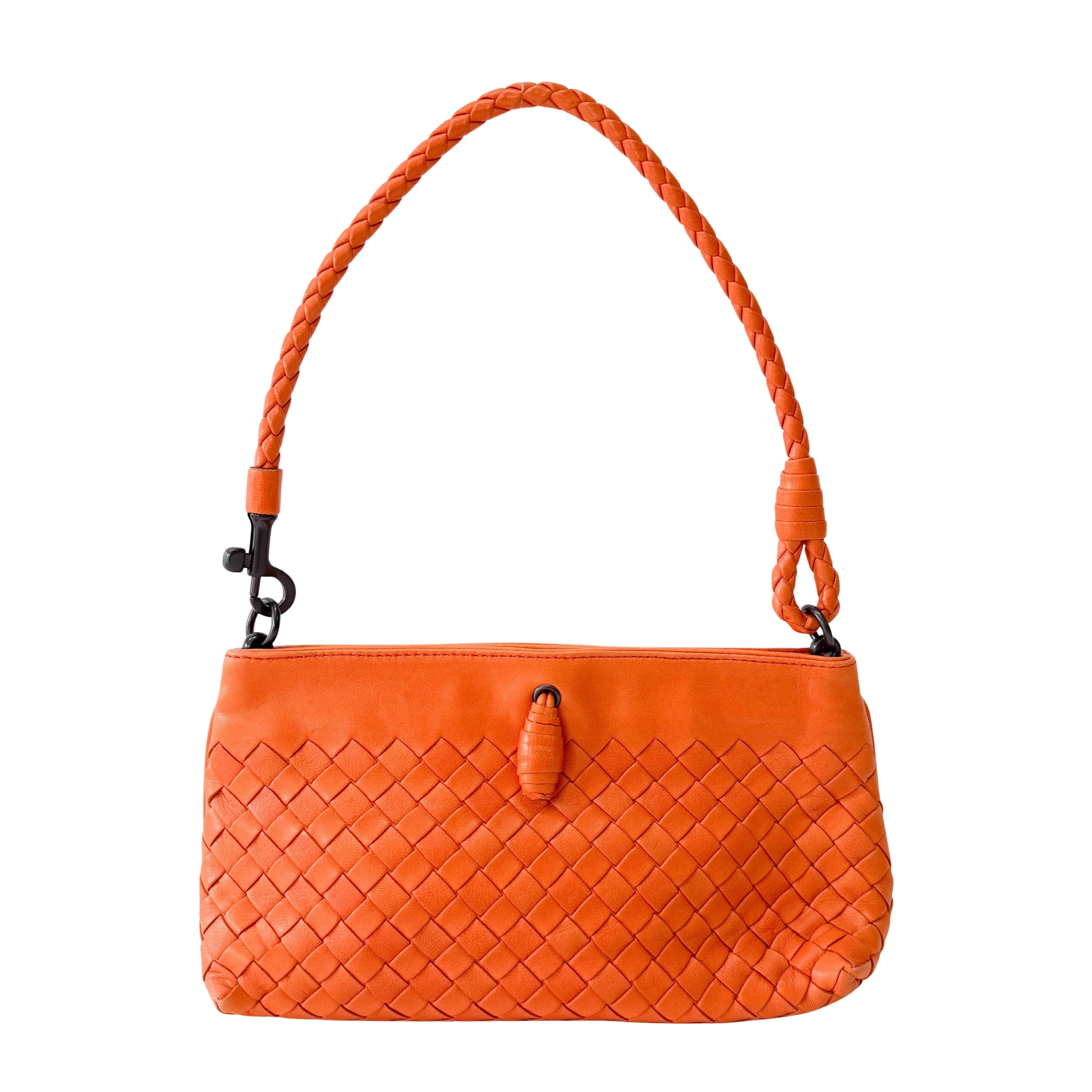 Intrecciato Orange Leather Shoulder Bag