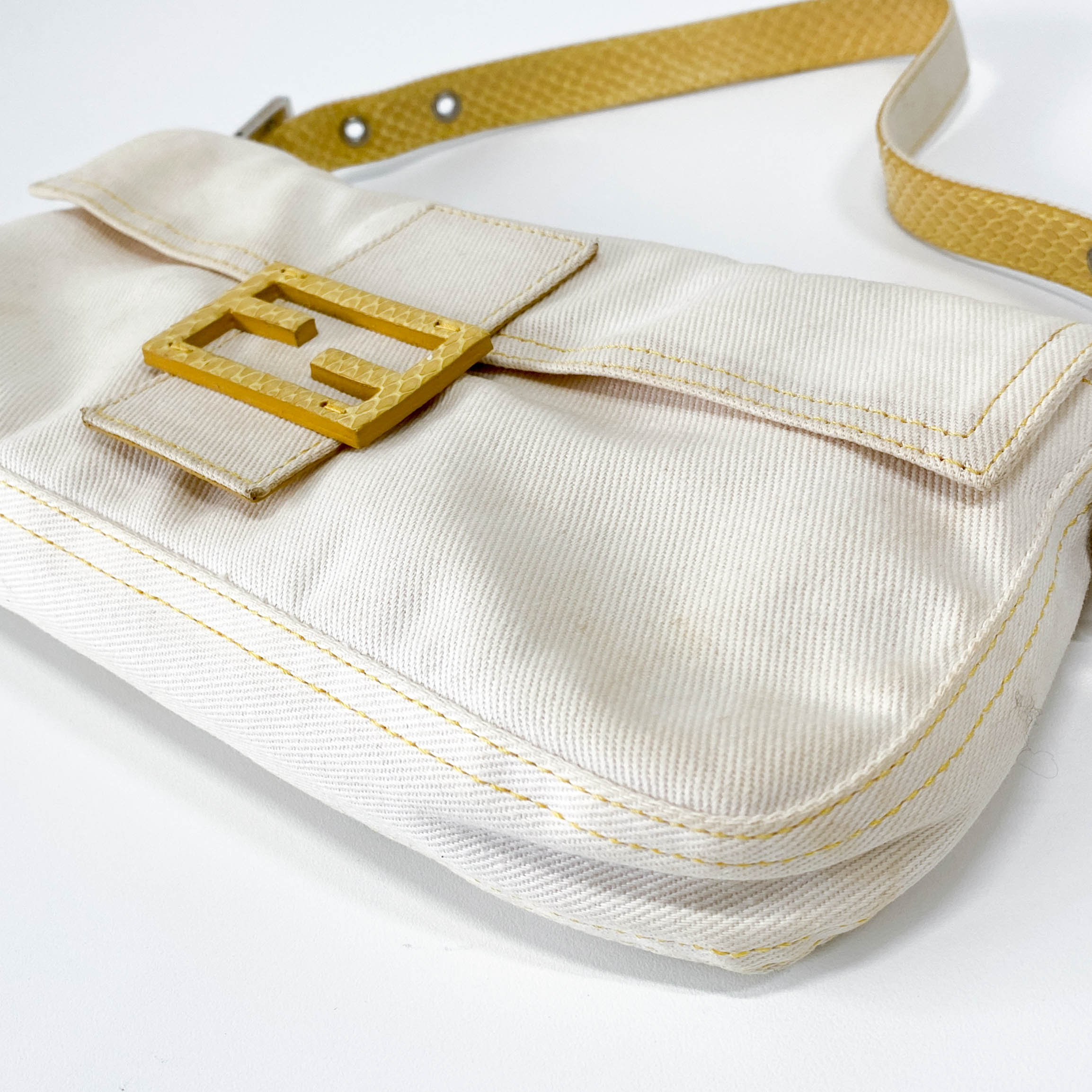 Baguette Beige Cotton Canvas & Yellow Phyton Leather Shoulder Bag