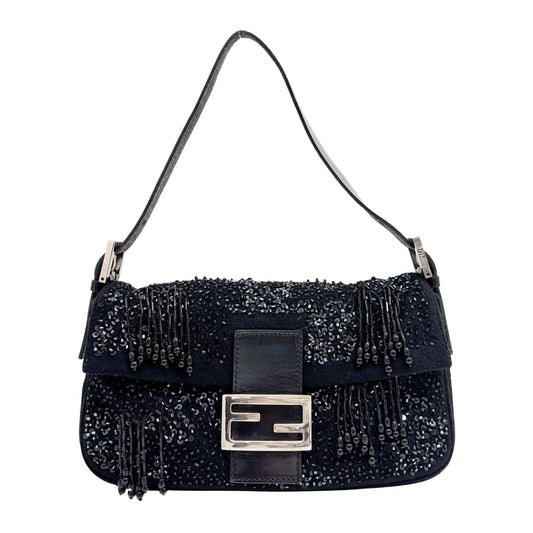 Baguette Beaded Black Wool Shoulder Bag
