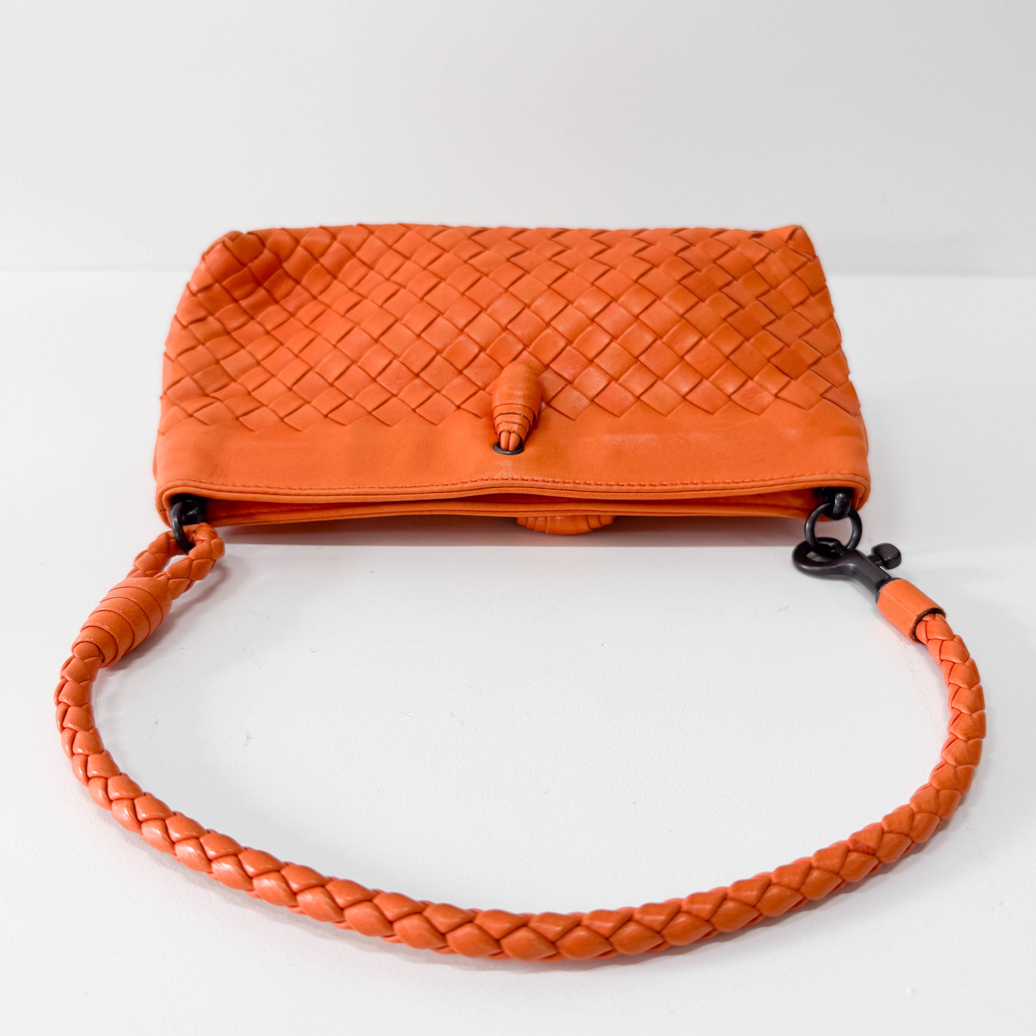 Intrecciato Orange Leather Shoulder Bag