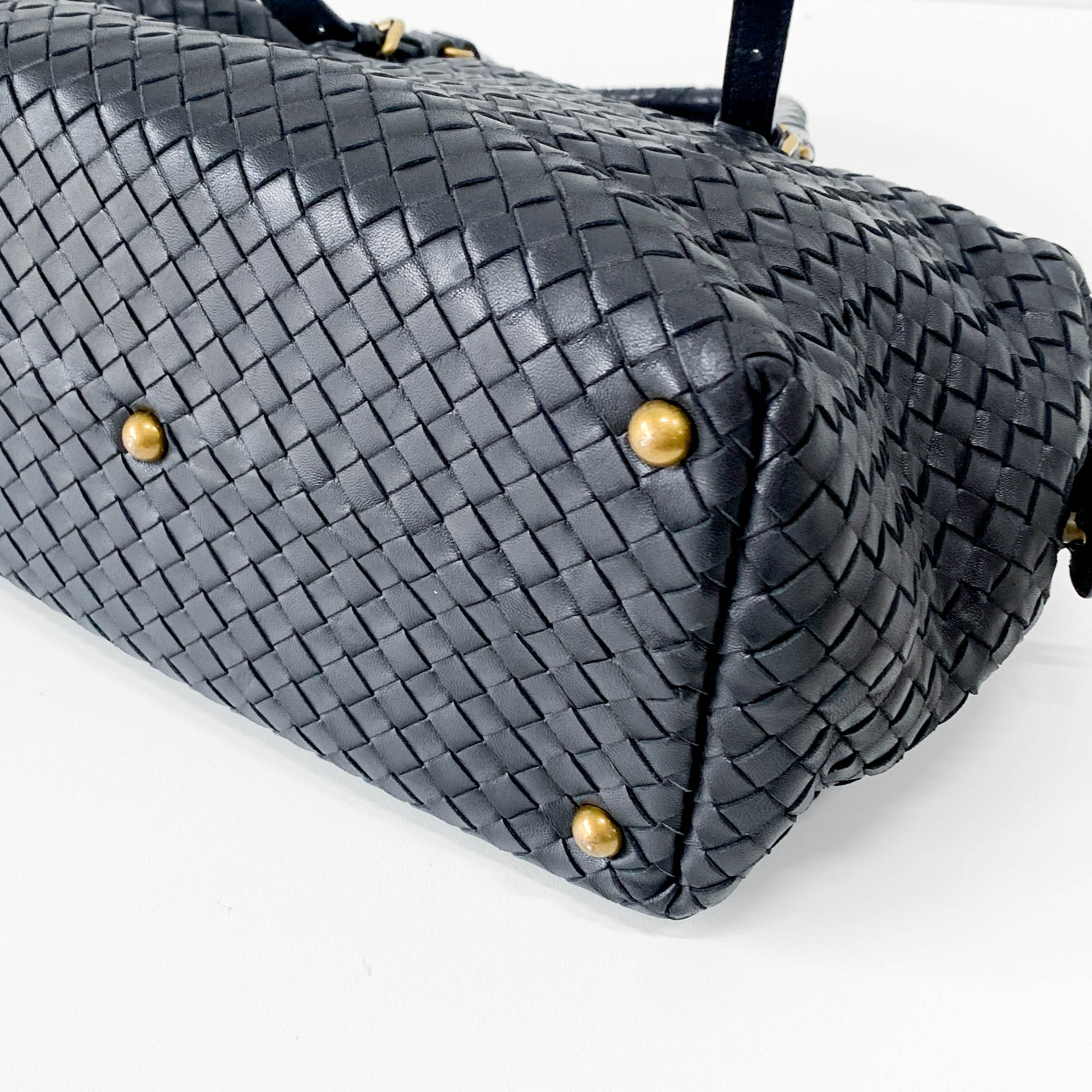 Intrecciato Bowling Bag Black Leather Shoulder Bag