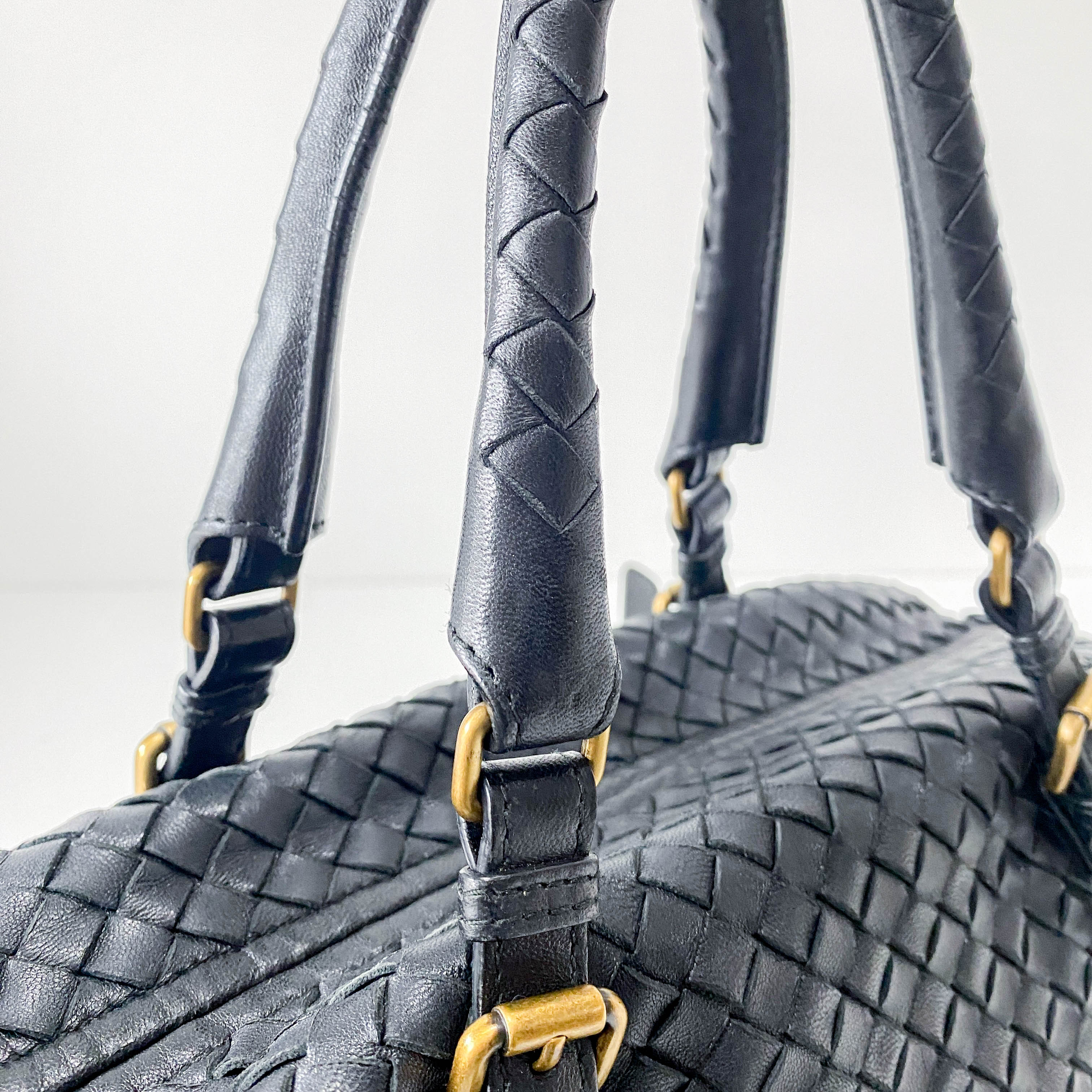 Intrecciato Bowling Bag Black Leather Shoulder Bag