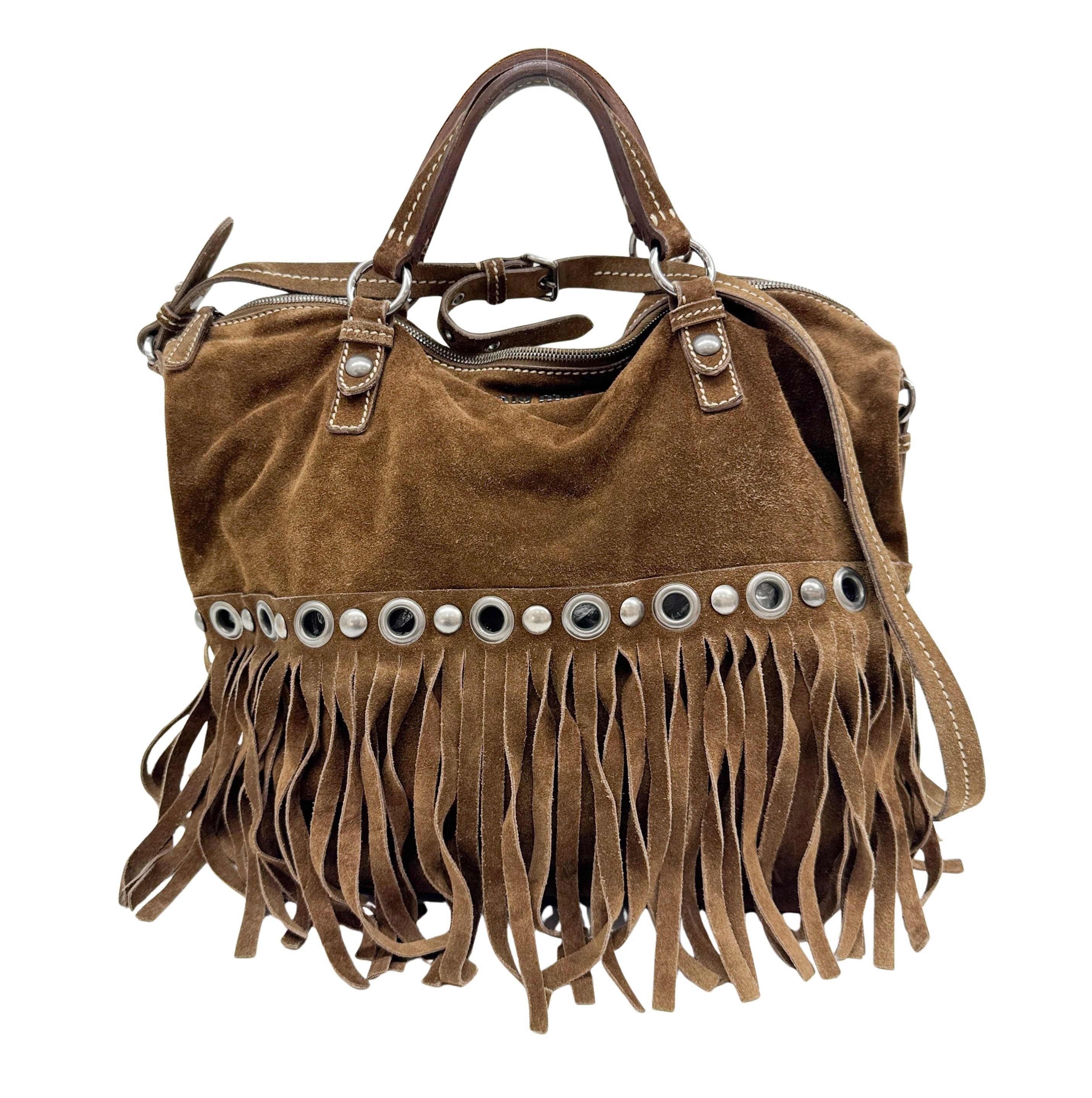 Studded Fringe Brown Suede Two Way Tote Bag
