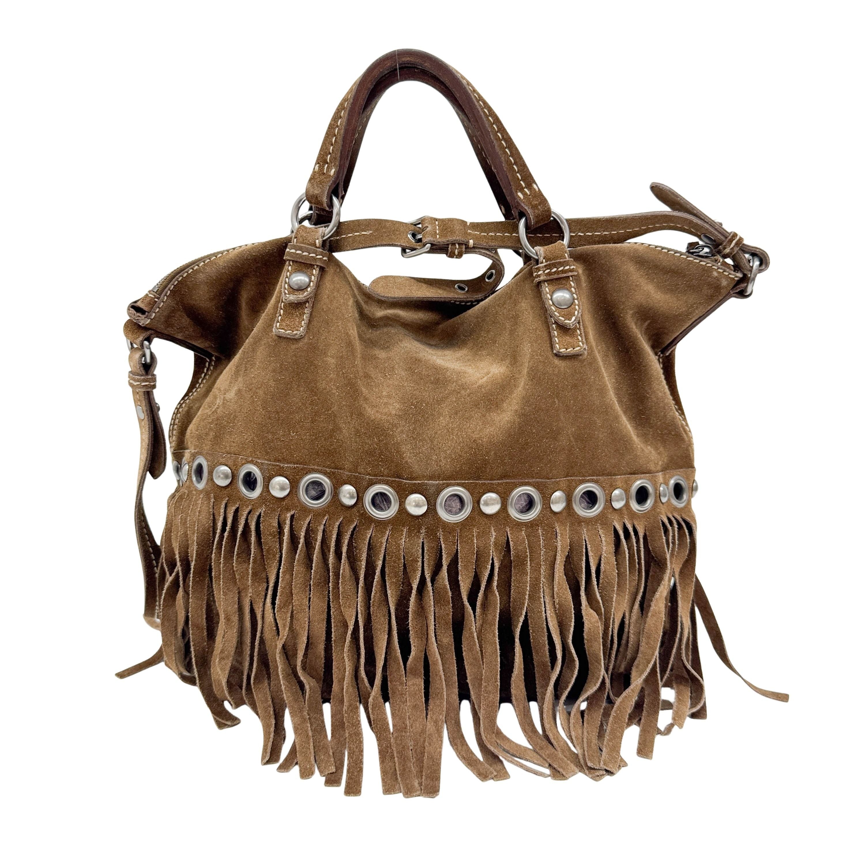 Studded Fringe Brown Suede Two Way Tote Bag