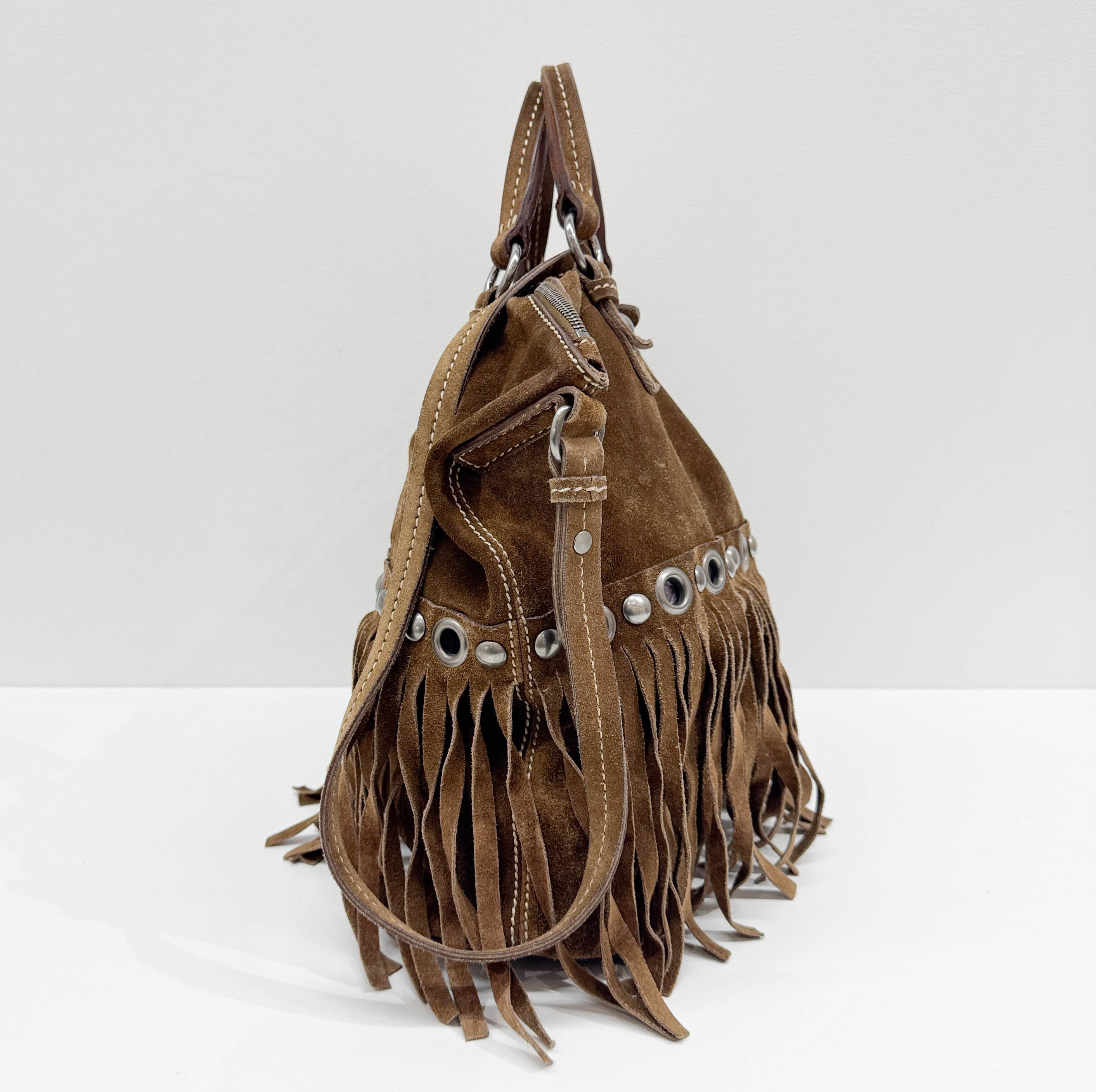 Studded Fringe Brown Suede Two Way Tote Bag