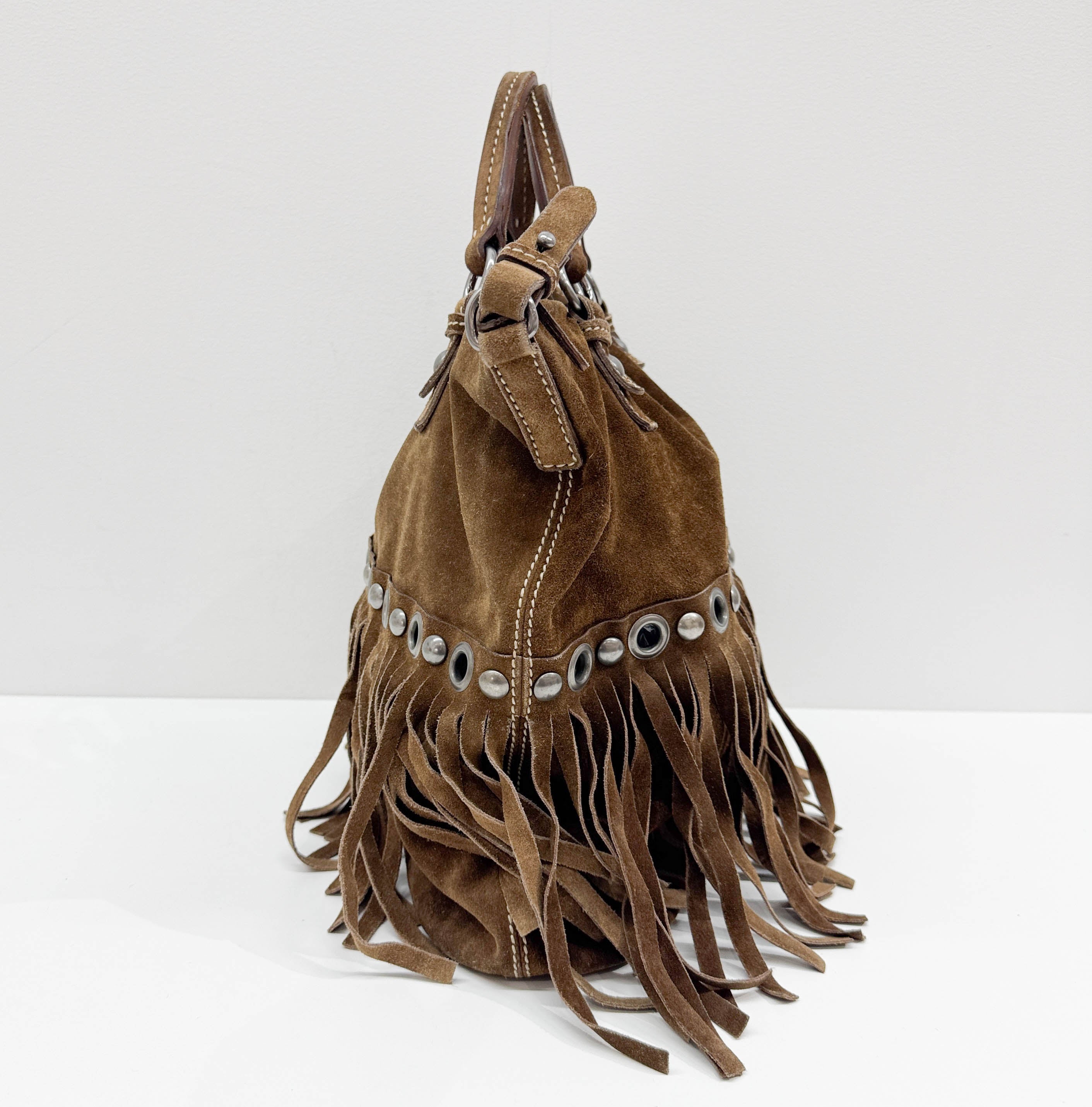 Studded Fringe Brown Suede Two Way Tote Bag