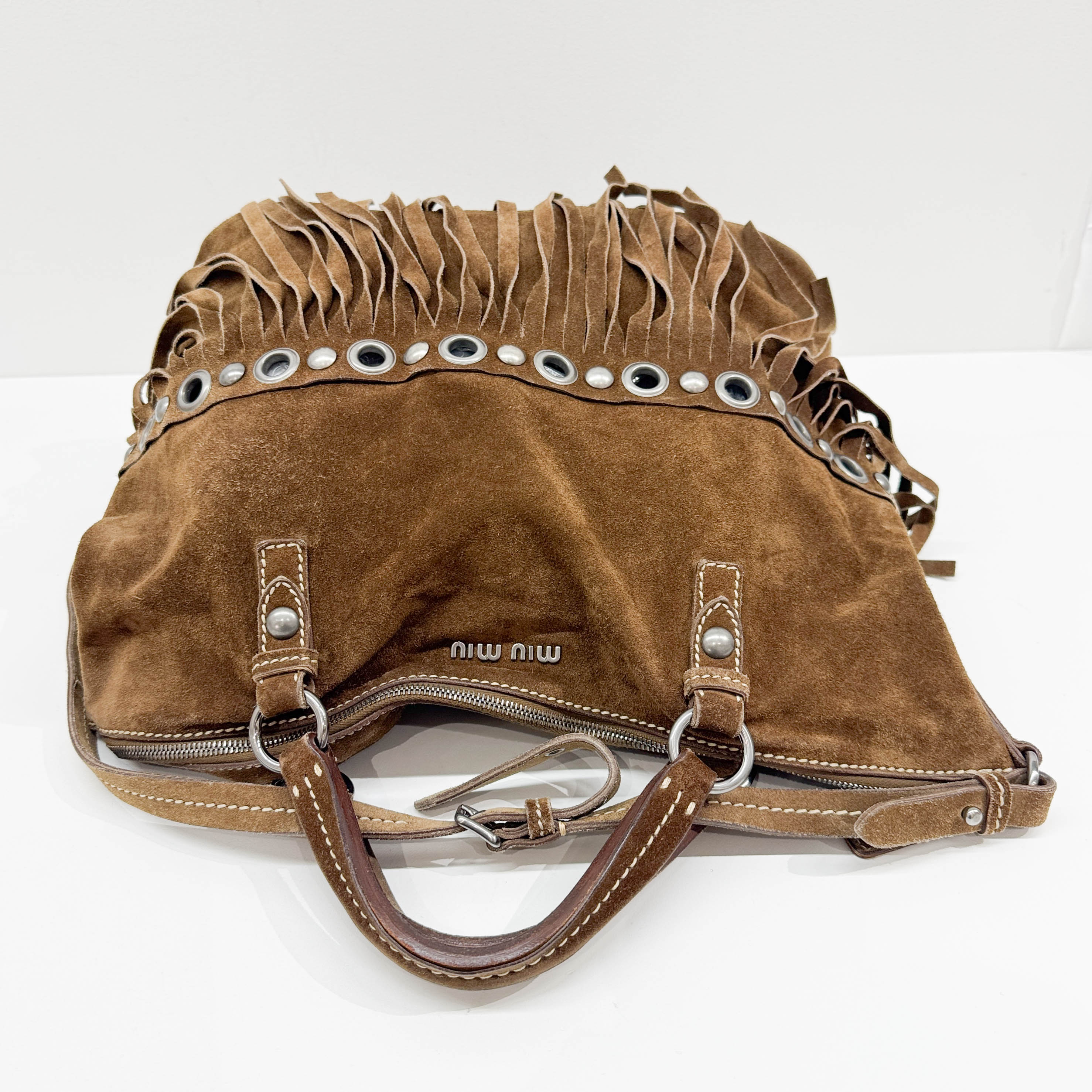 Studded Fringe Brown Suede Two Way Tote Bag
