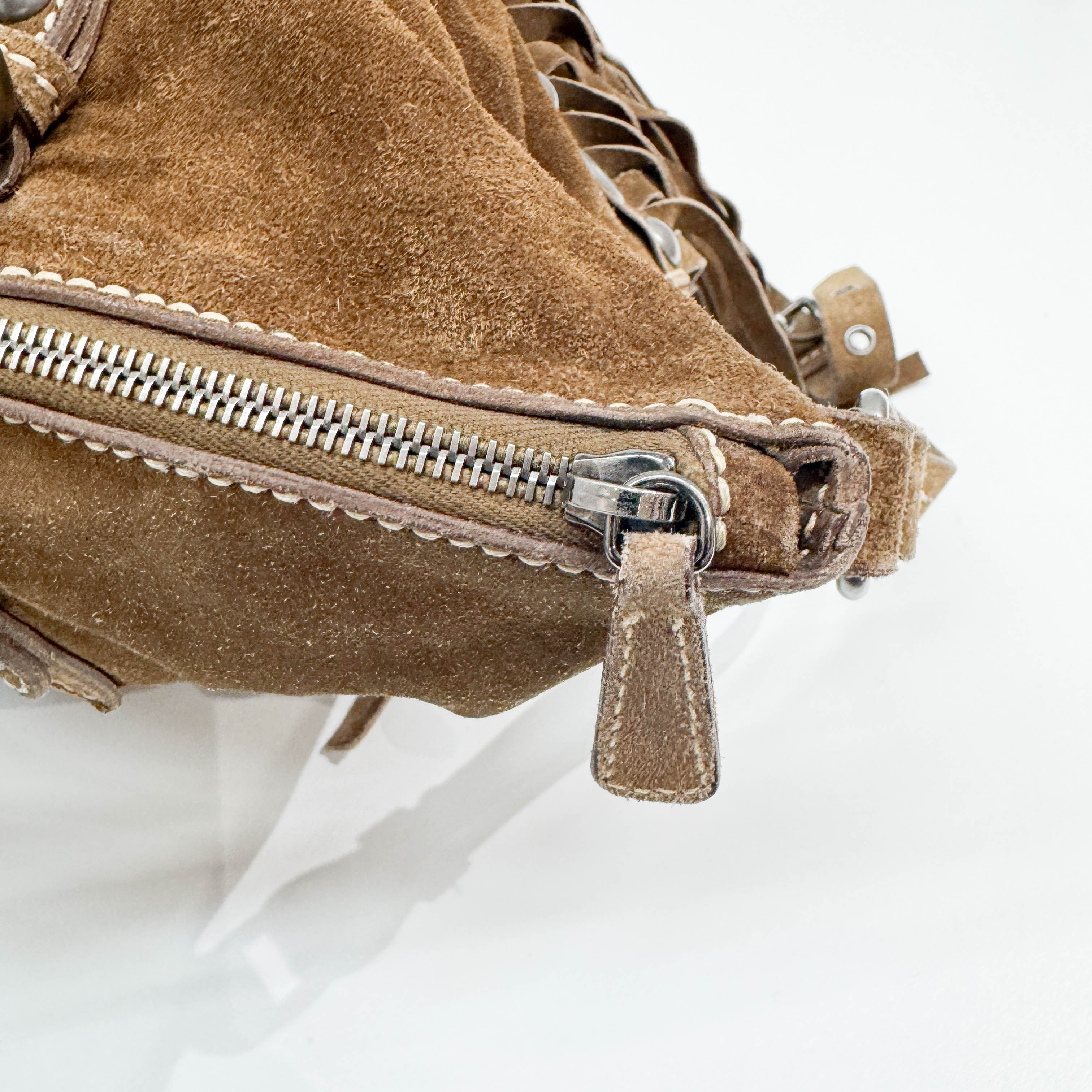 Studded Fringe Brown Suede Two Way Tote Bag