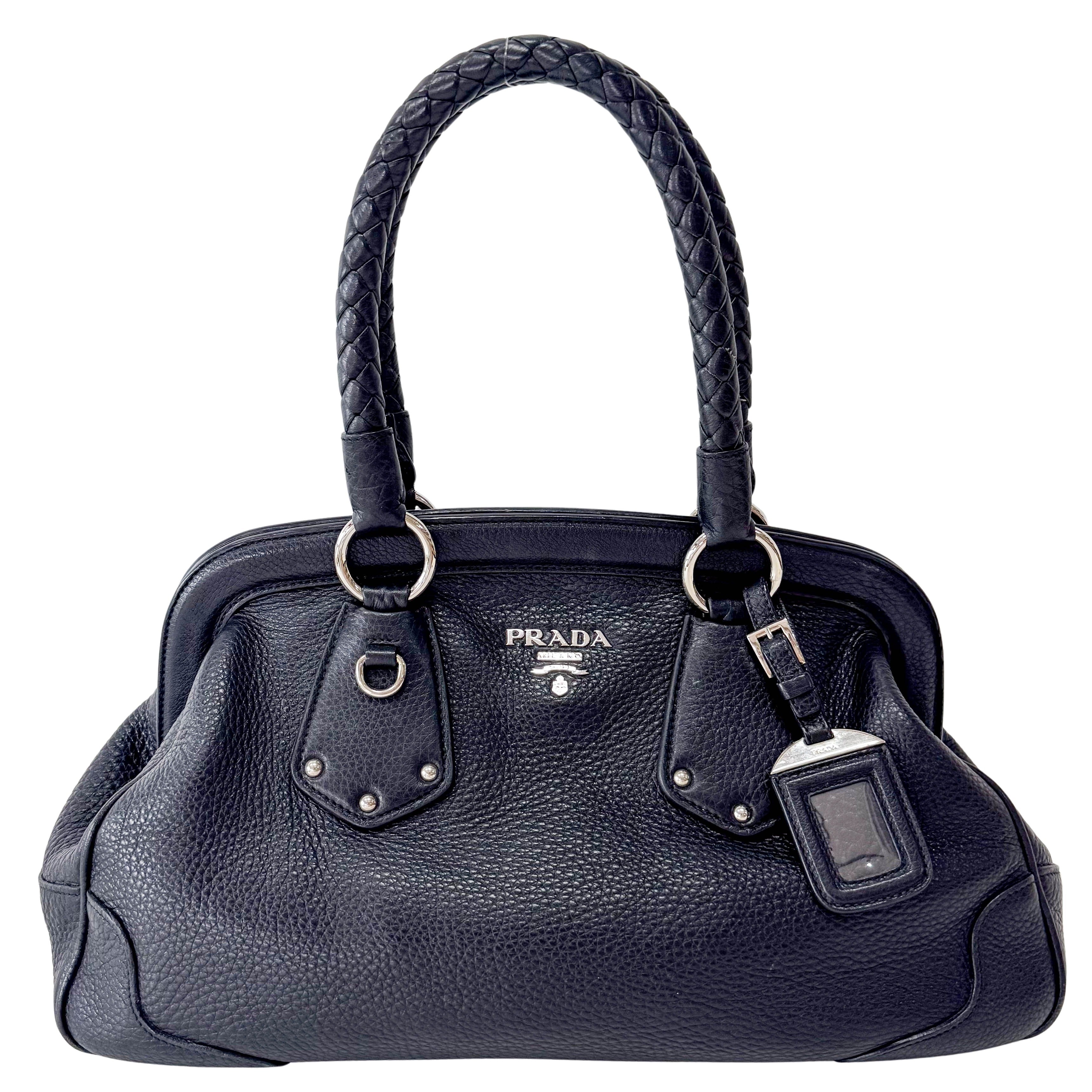 Braided Handle Black Leather Bag