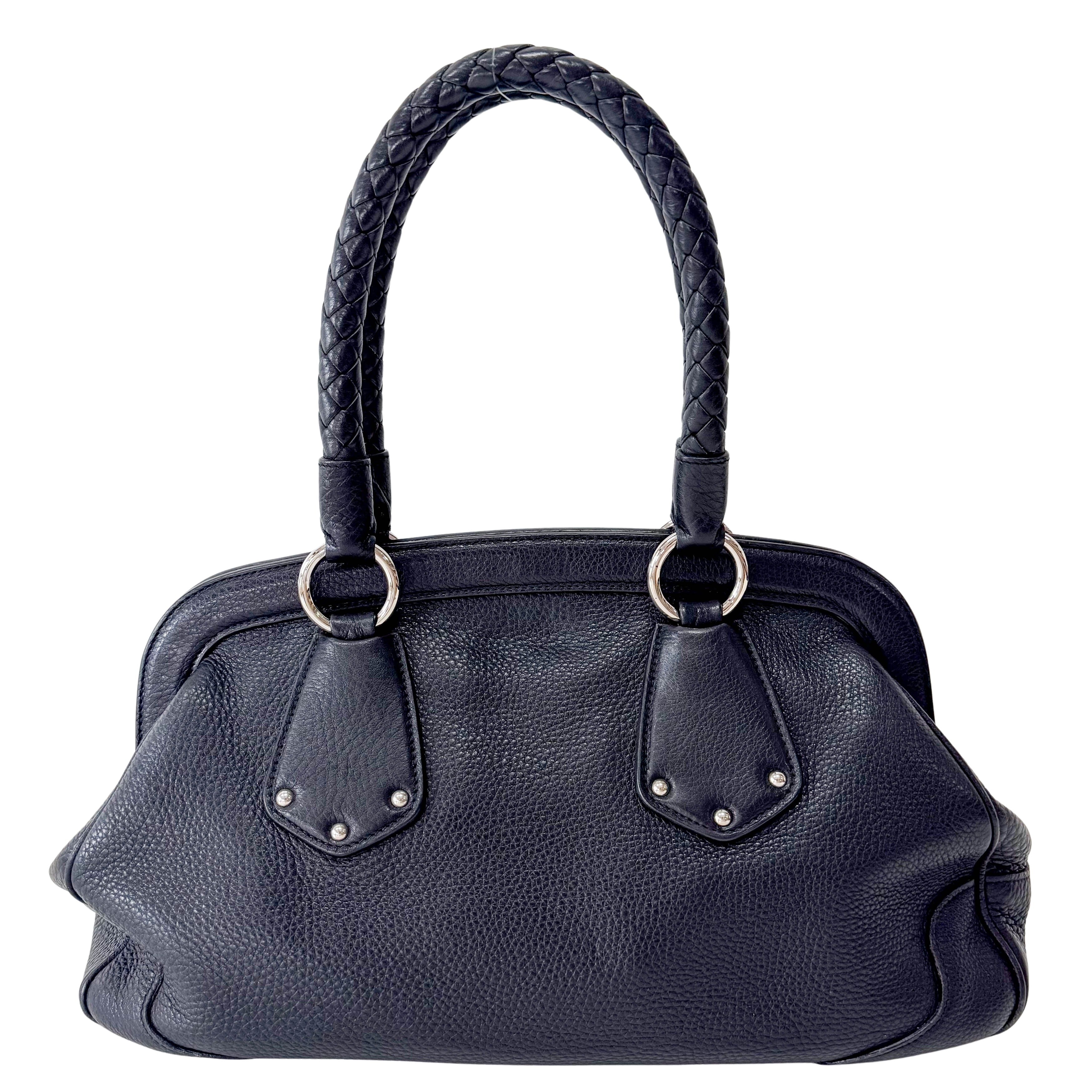 Braided Handle Black Leather Bag