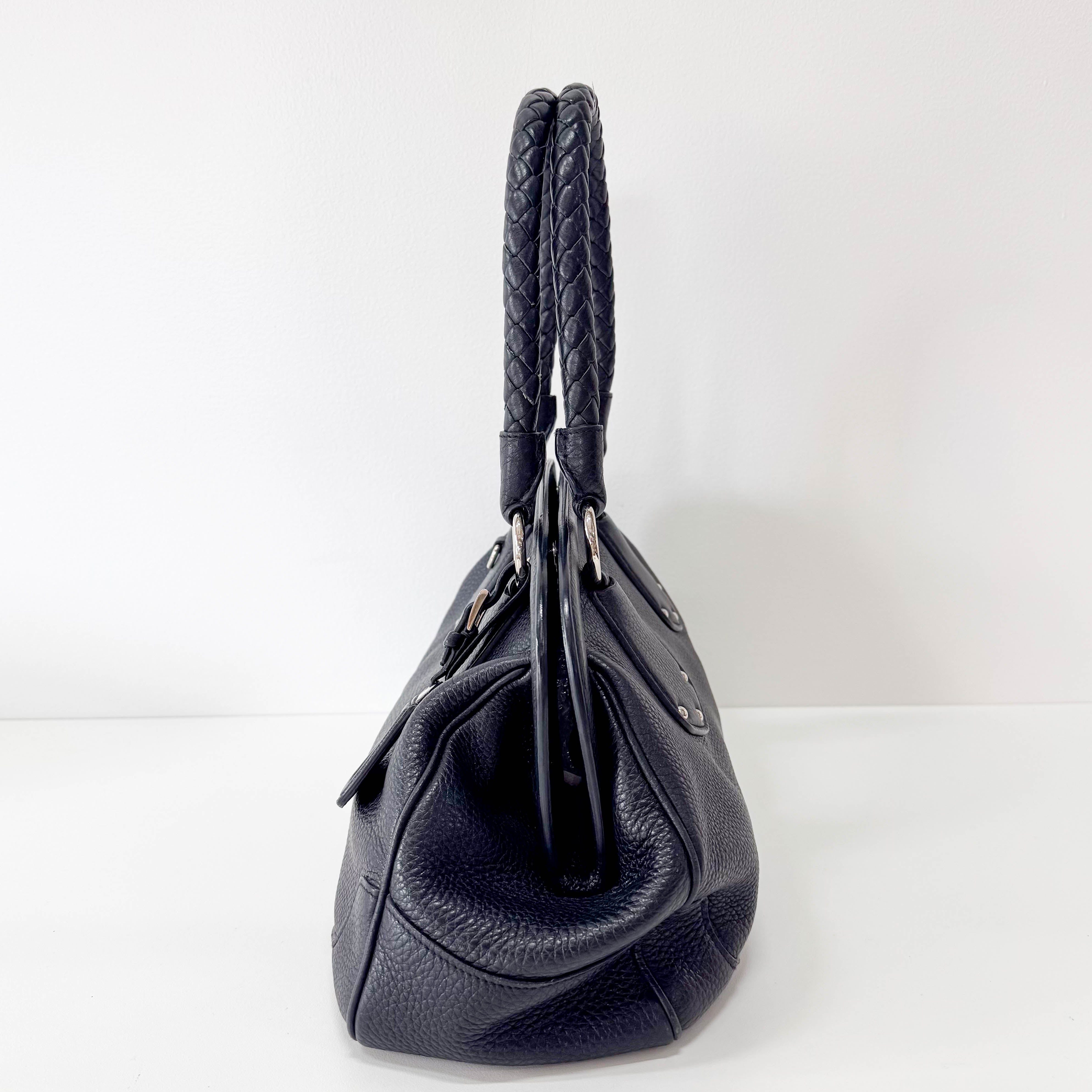 Braided Handle Black Leather Bag