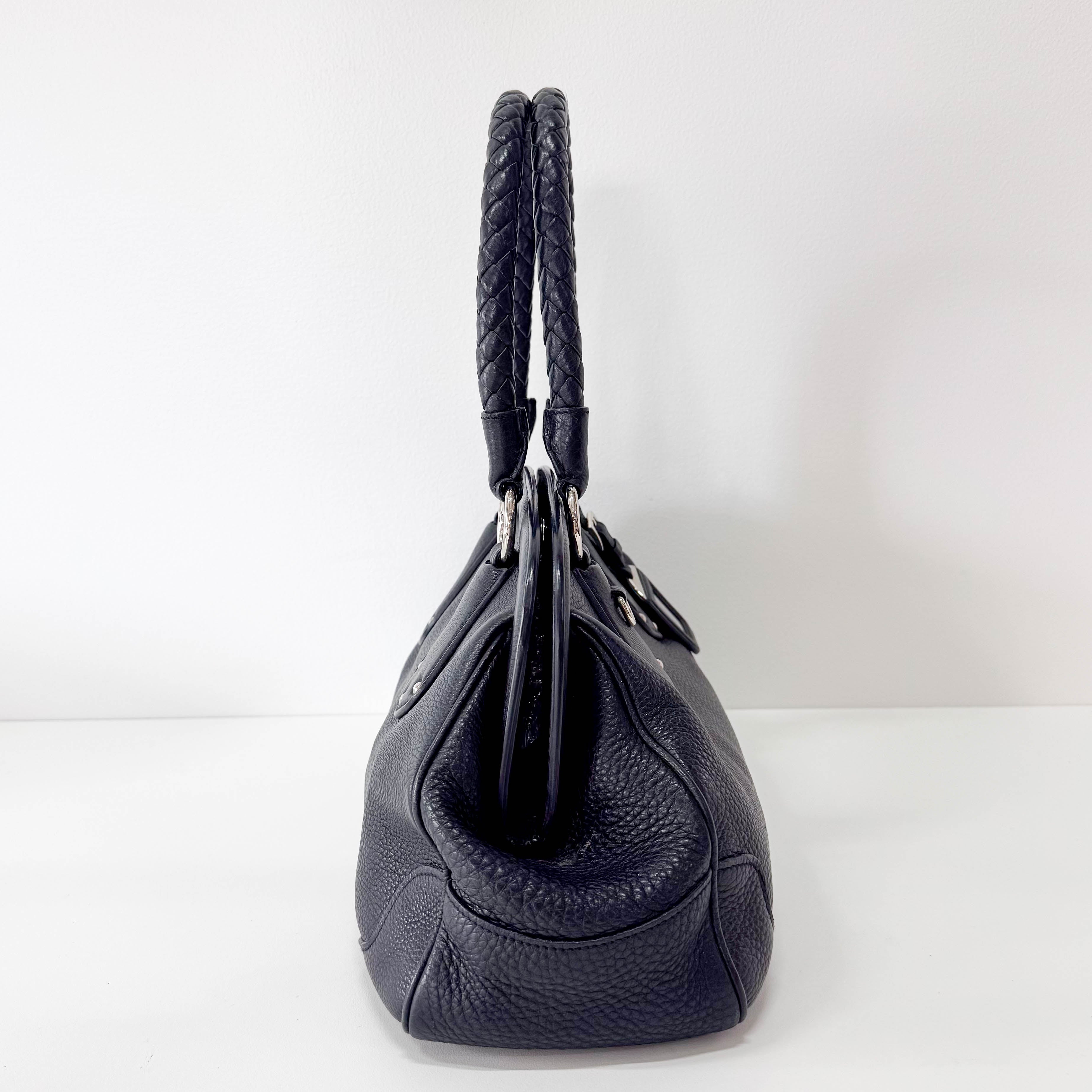 Braided Handle Black Leather Bag