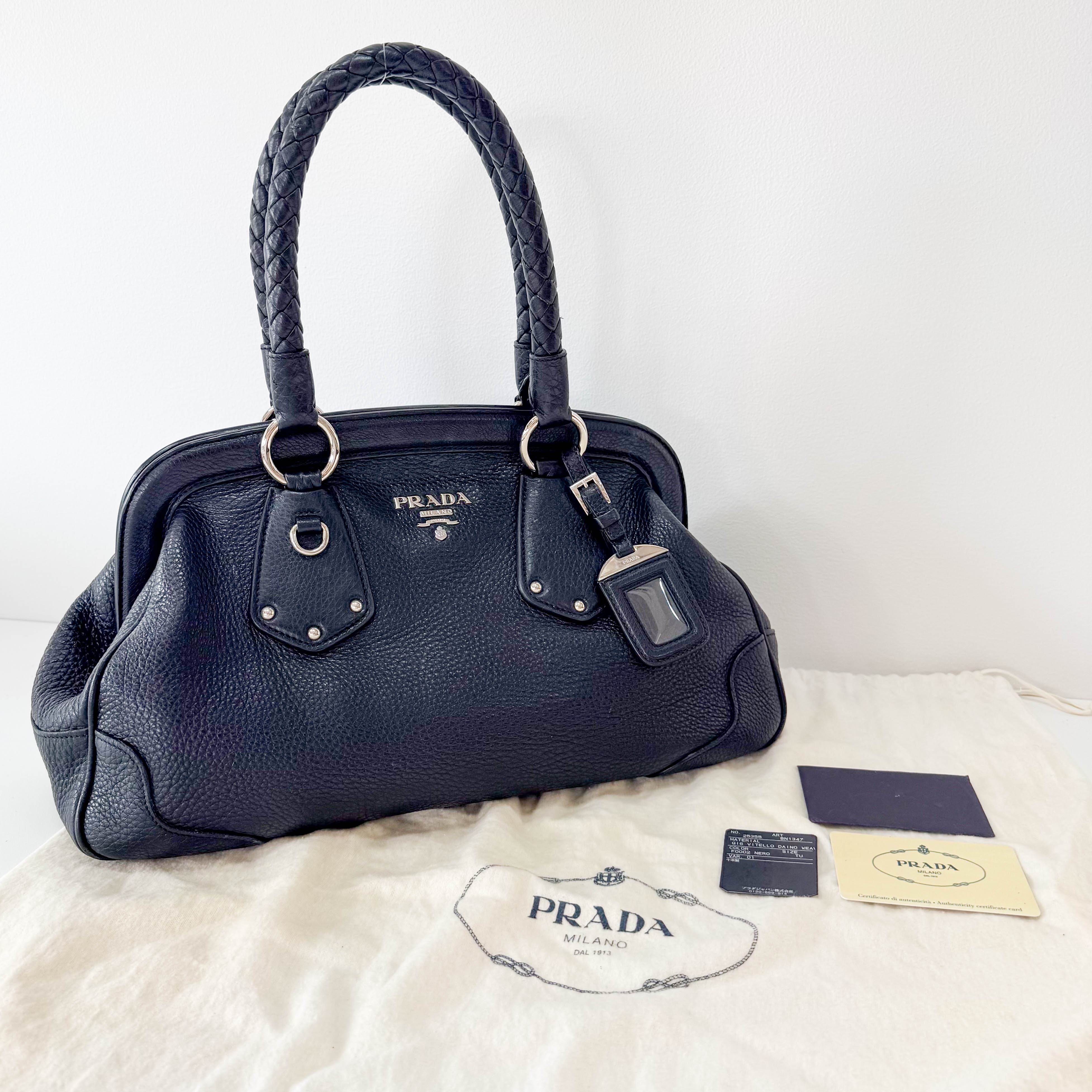 Braided Handle Black Leather Bag