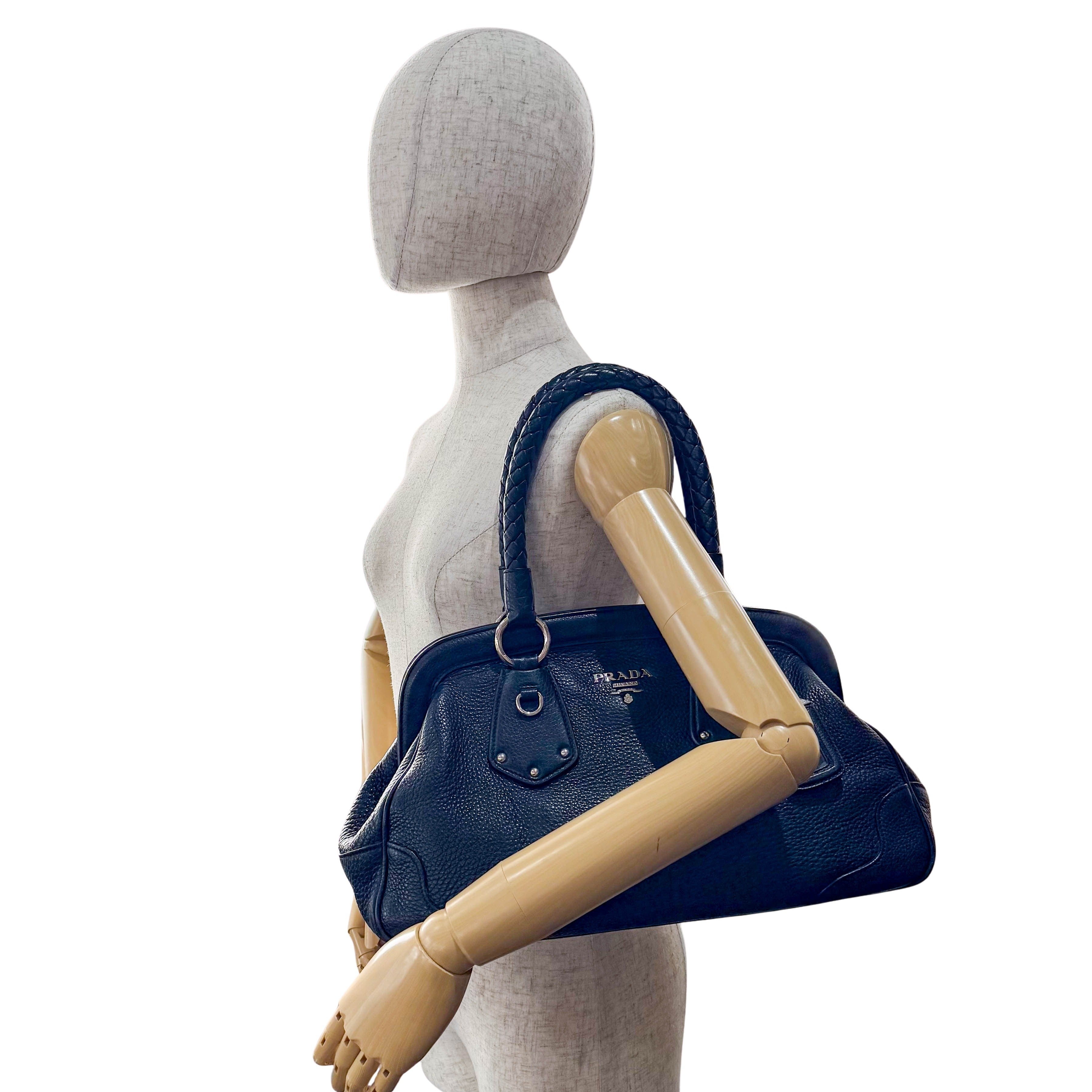 Braided Handle Black Leather Bag