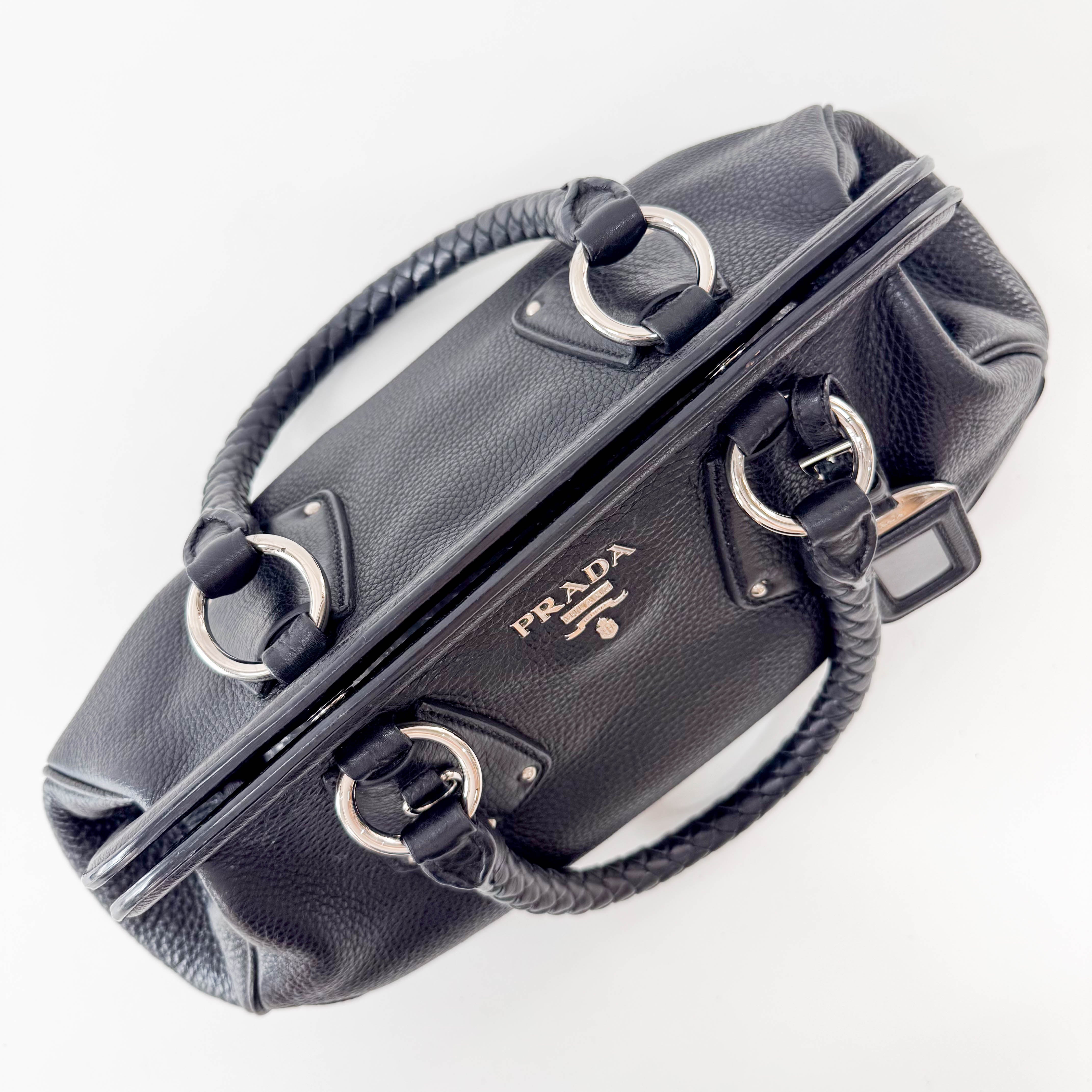 Braided Handle Black Leather Bag