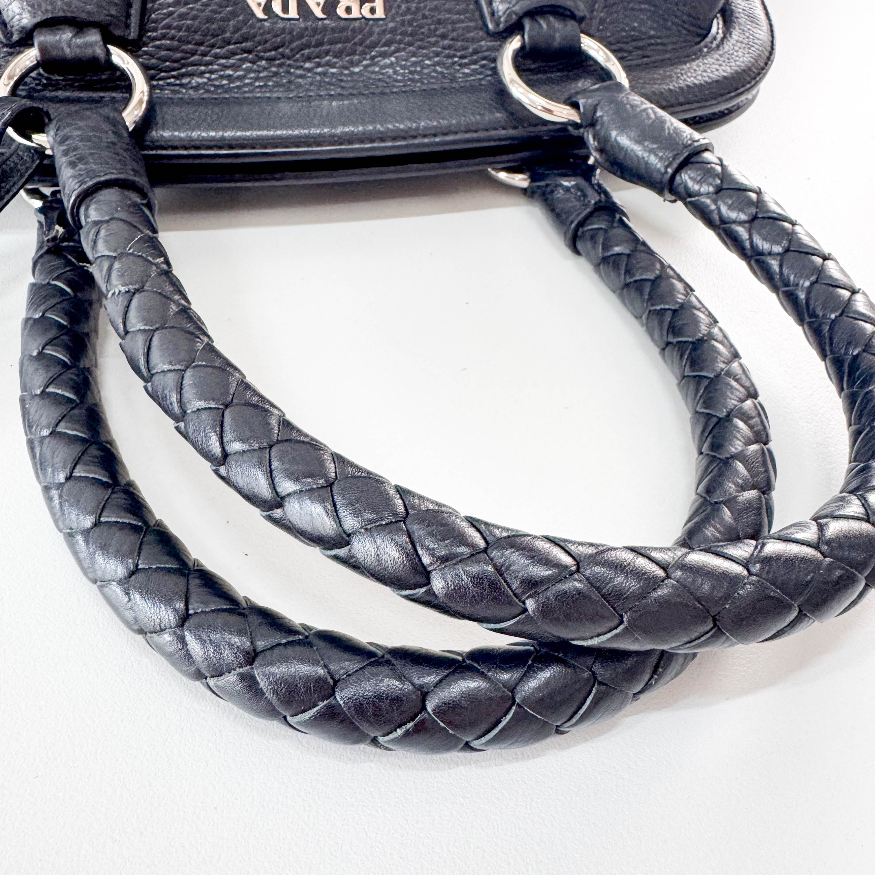 Braided Handle Black Leather Bag