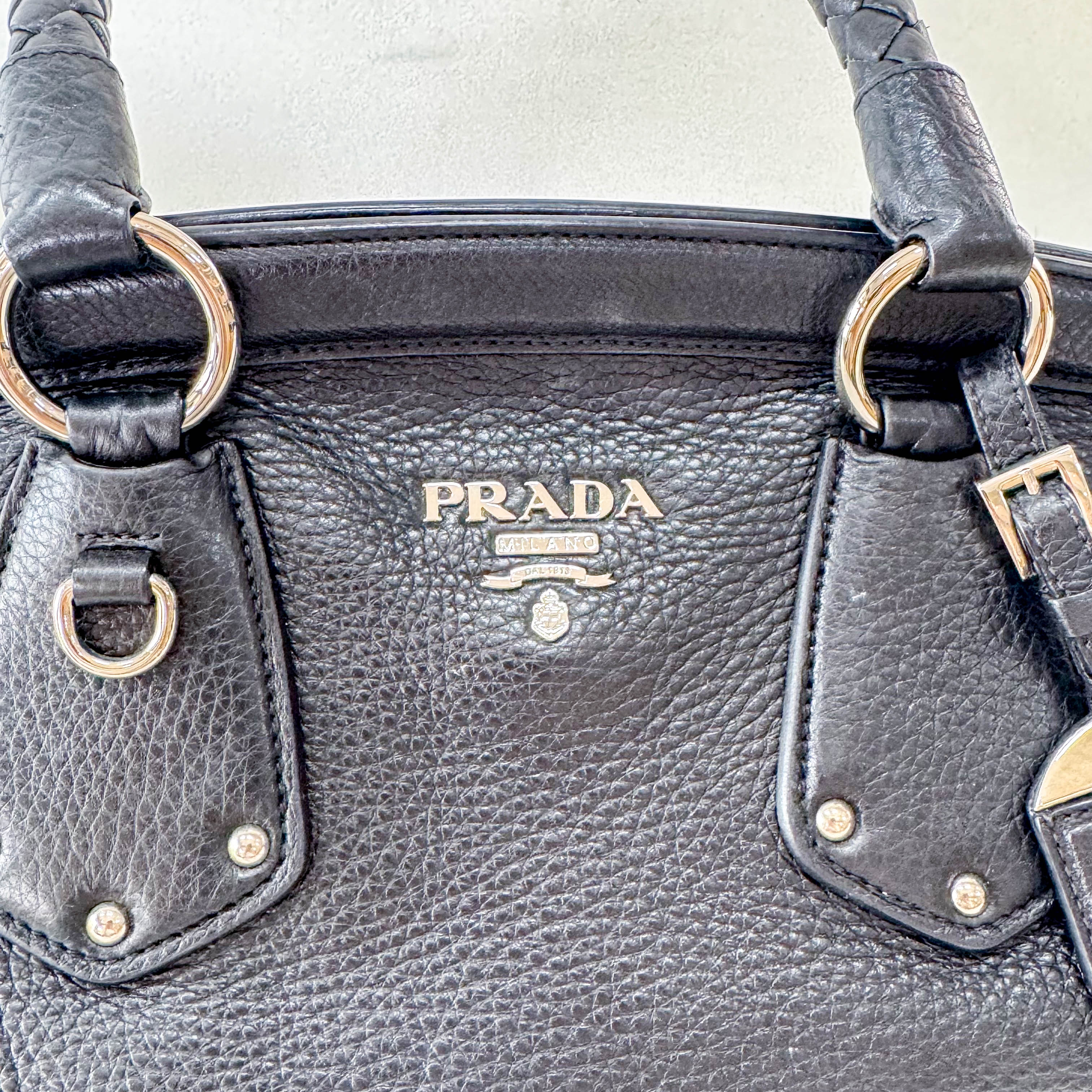 Braided Handle Black Leather Bag
