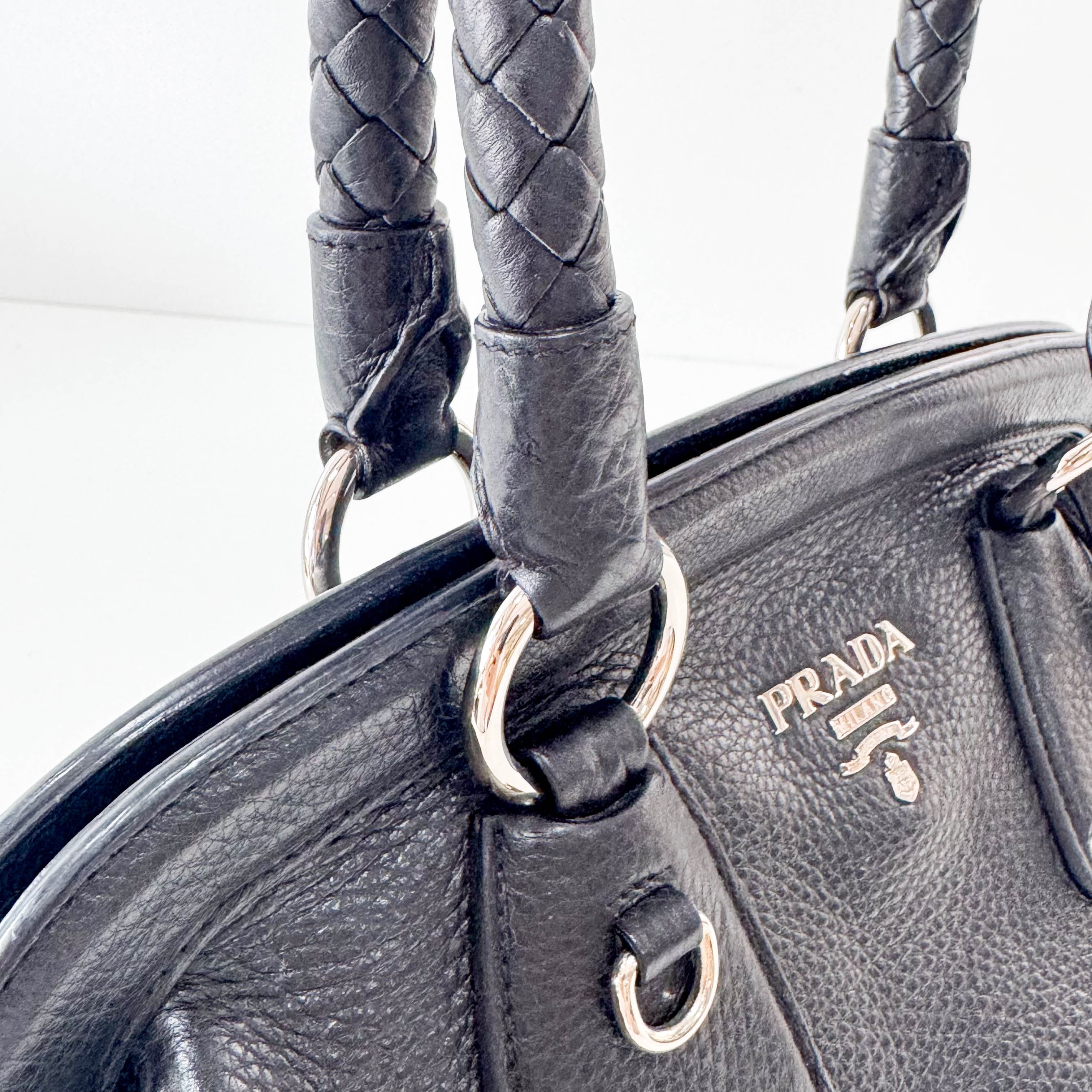 Braided Handle Black Leather Bag