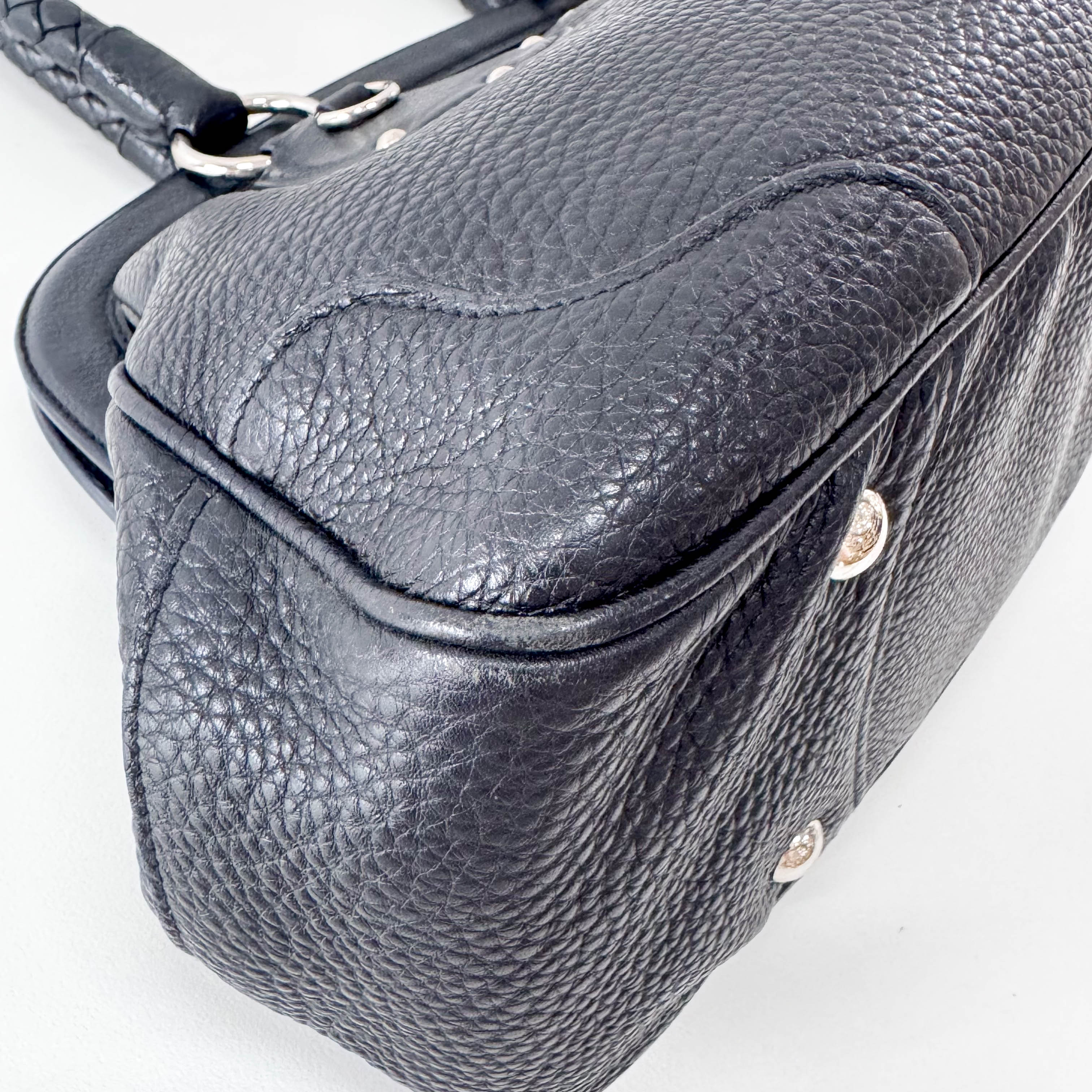 Braided Handle Black Leather Bag