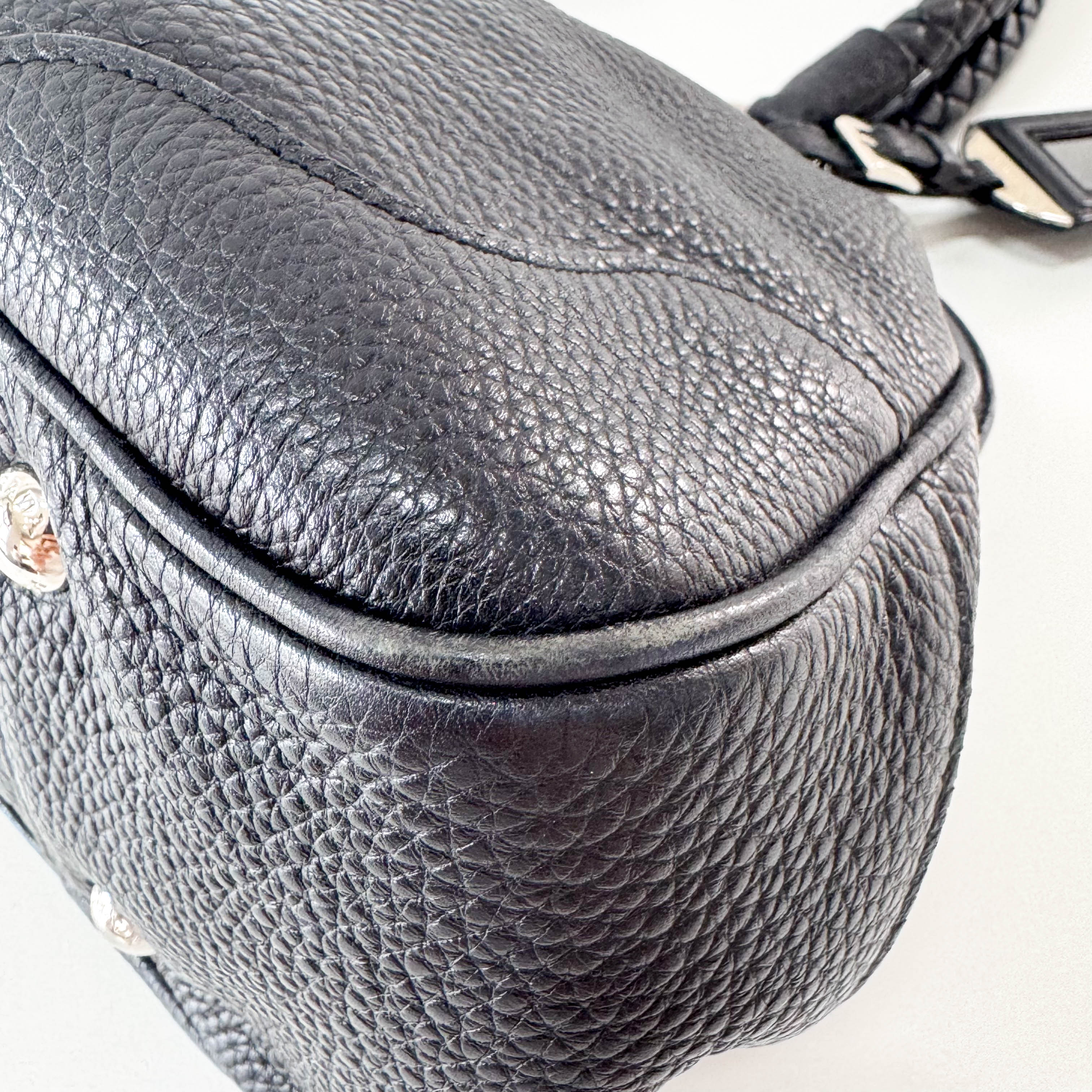 Braided Handle Black Leather Bag