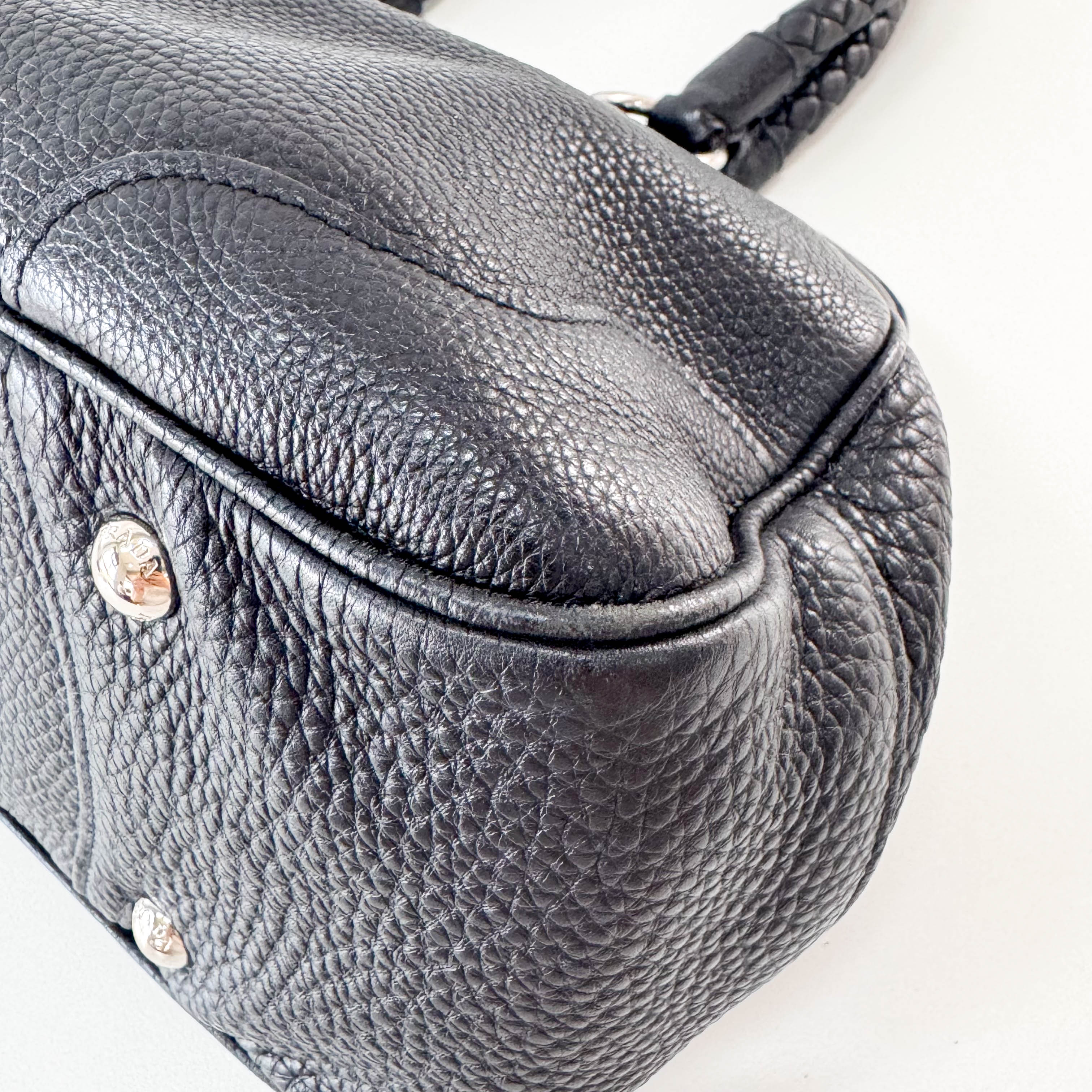 Braided Handle Black Leather Bag