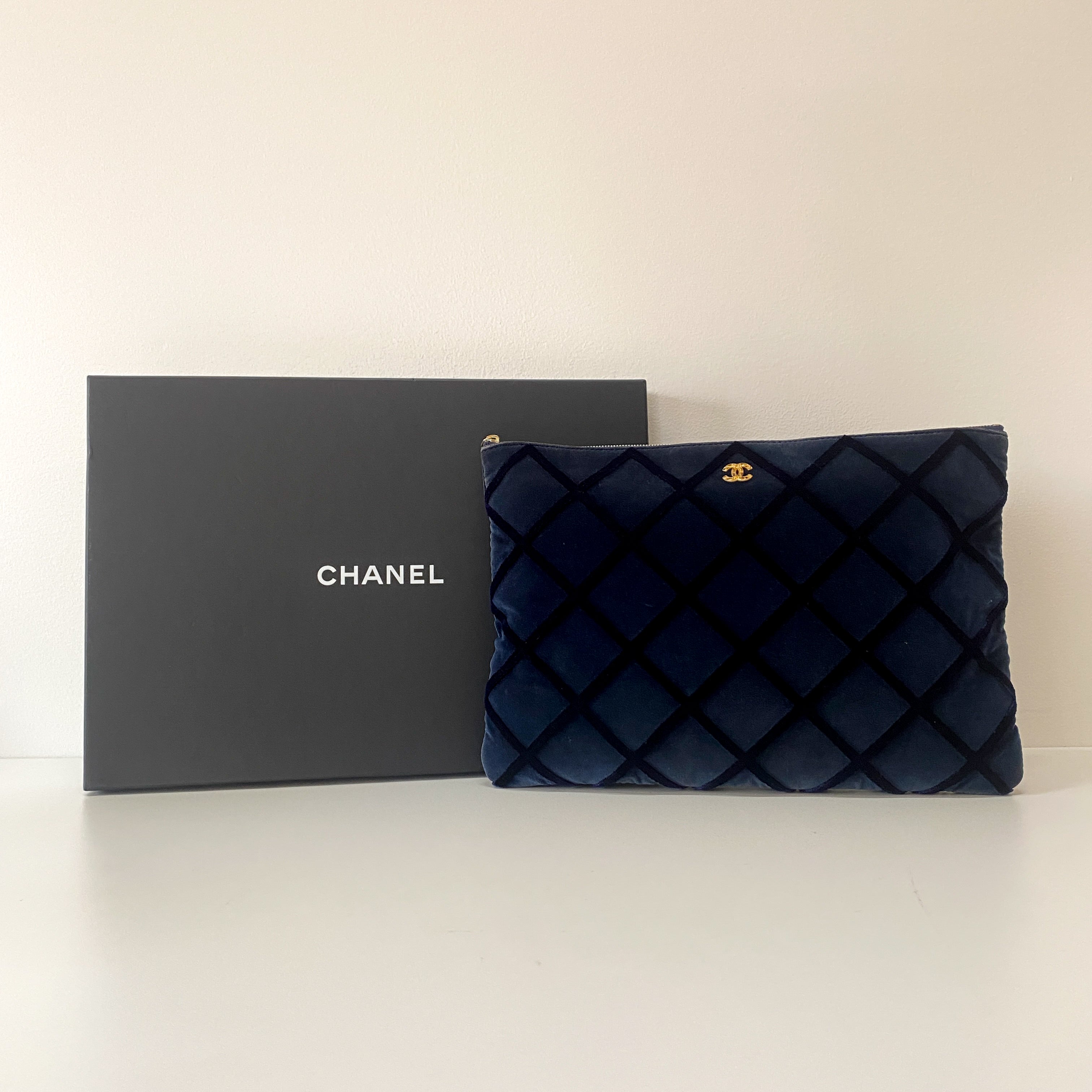 Navy Velvet Matelasse Clutch Bag