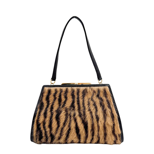 Brown Tiger Print Pony Hair Hand Bag