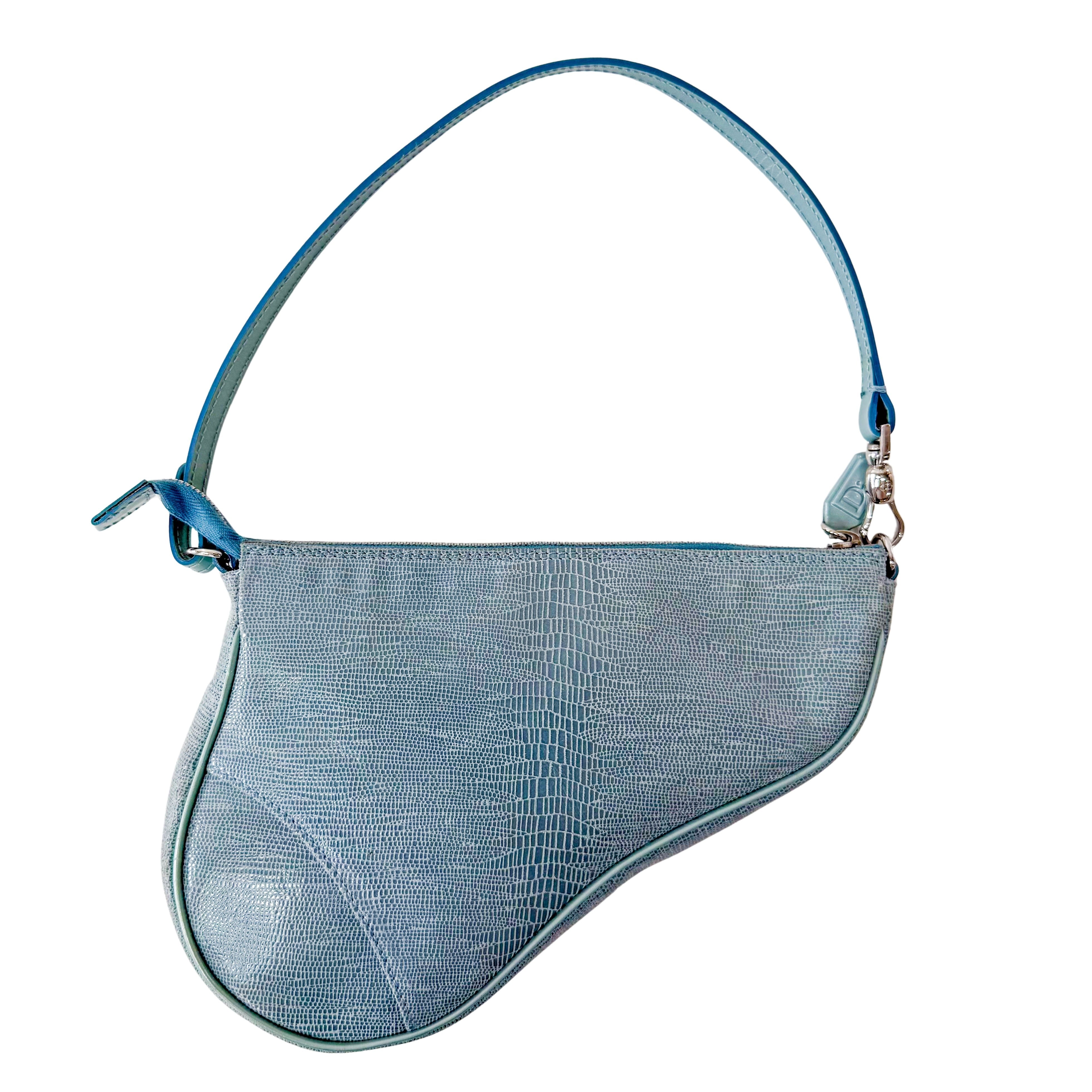 Saddle Mini Light Blue Lizard Leather Shoulder Bag