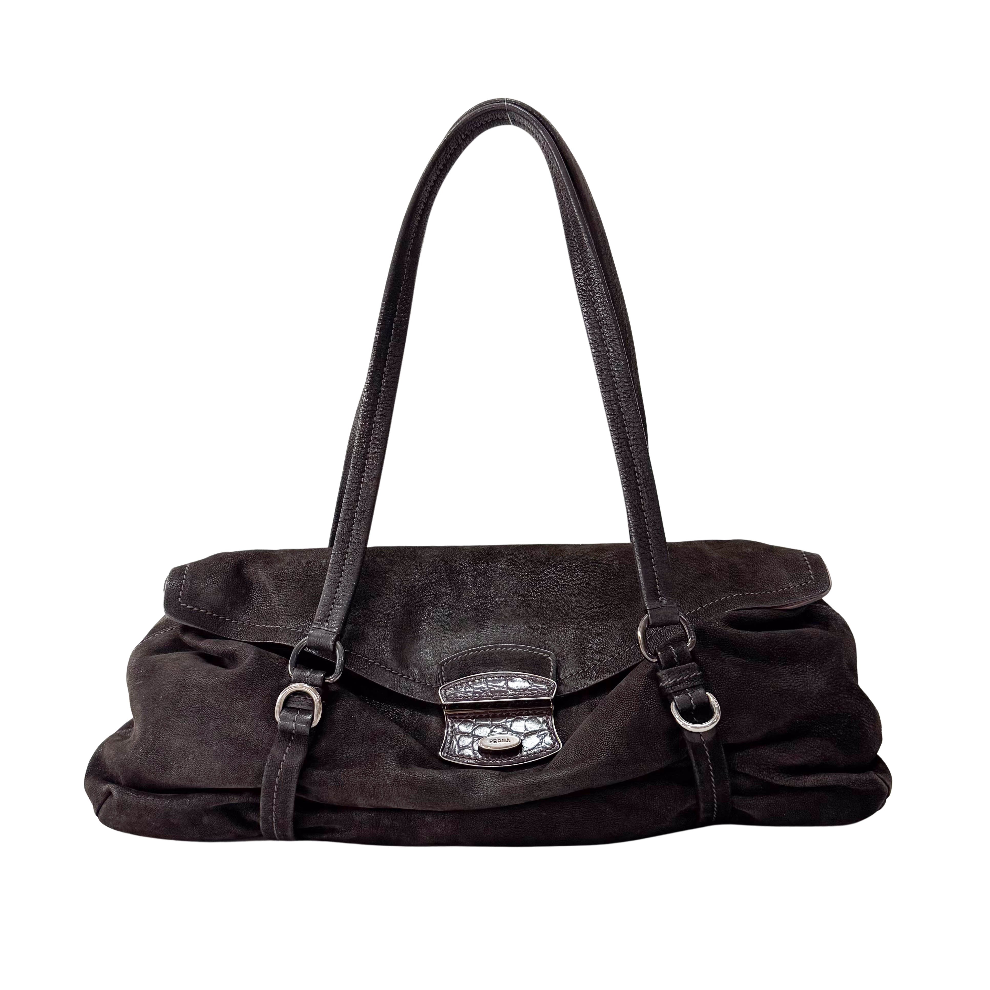 Brown Croc Suede Shoulder Bag