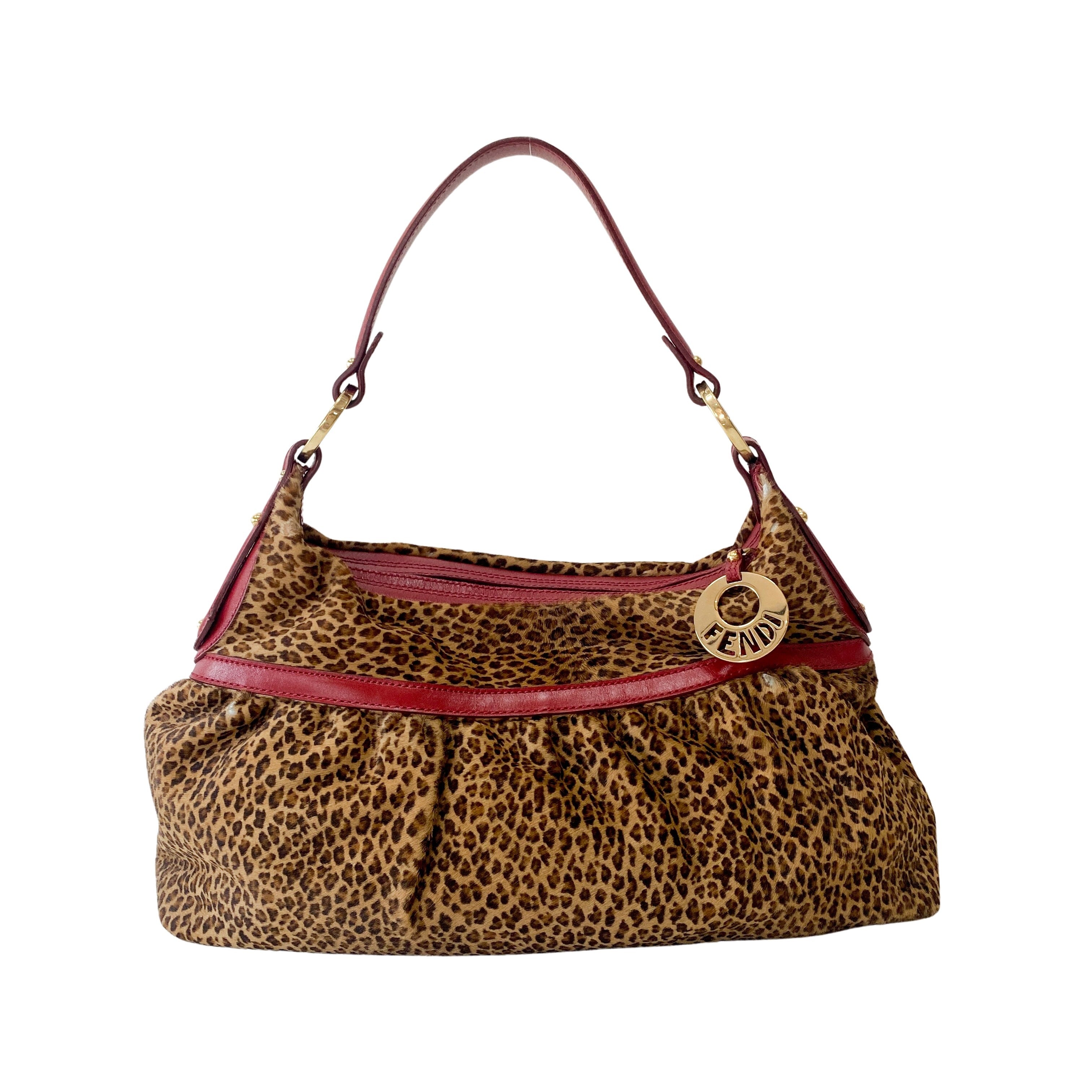 Brown Pony Hair & Red Leather Shoulder Bag