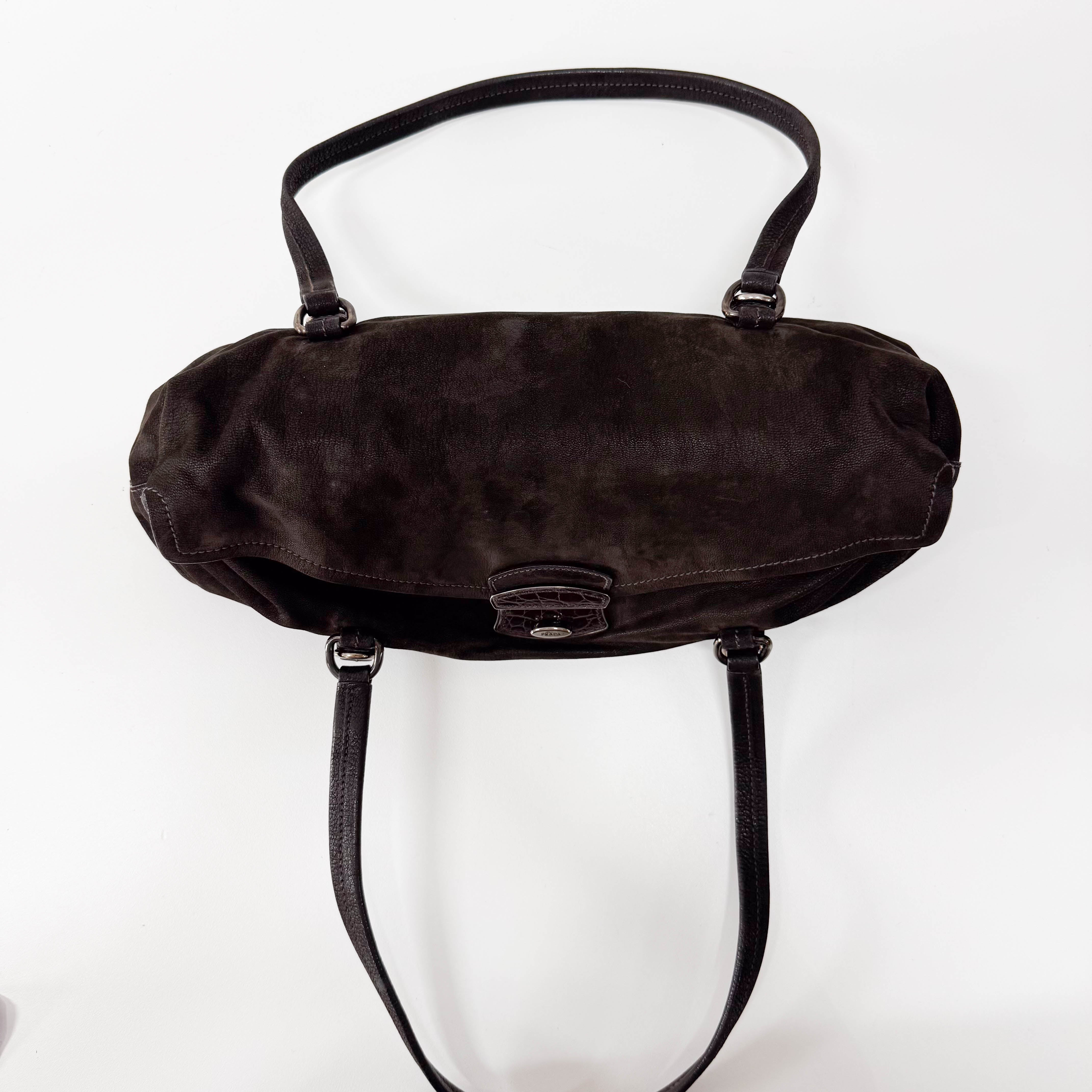 Brown Croc Suede Shoulder Bag