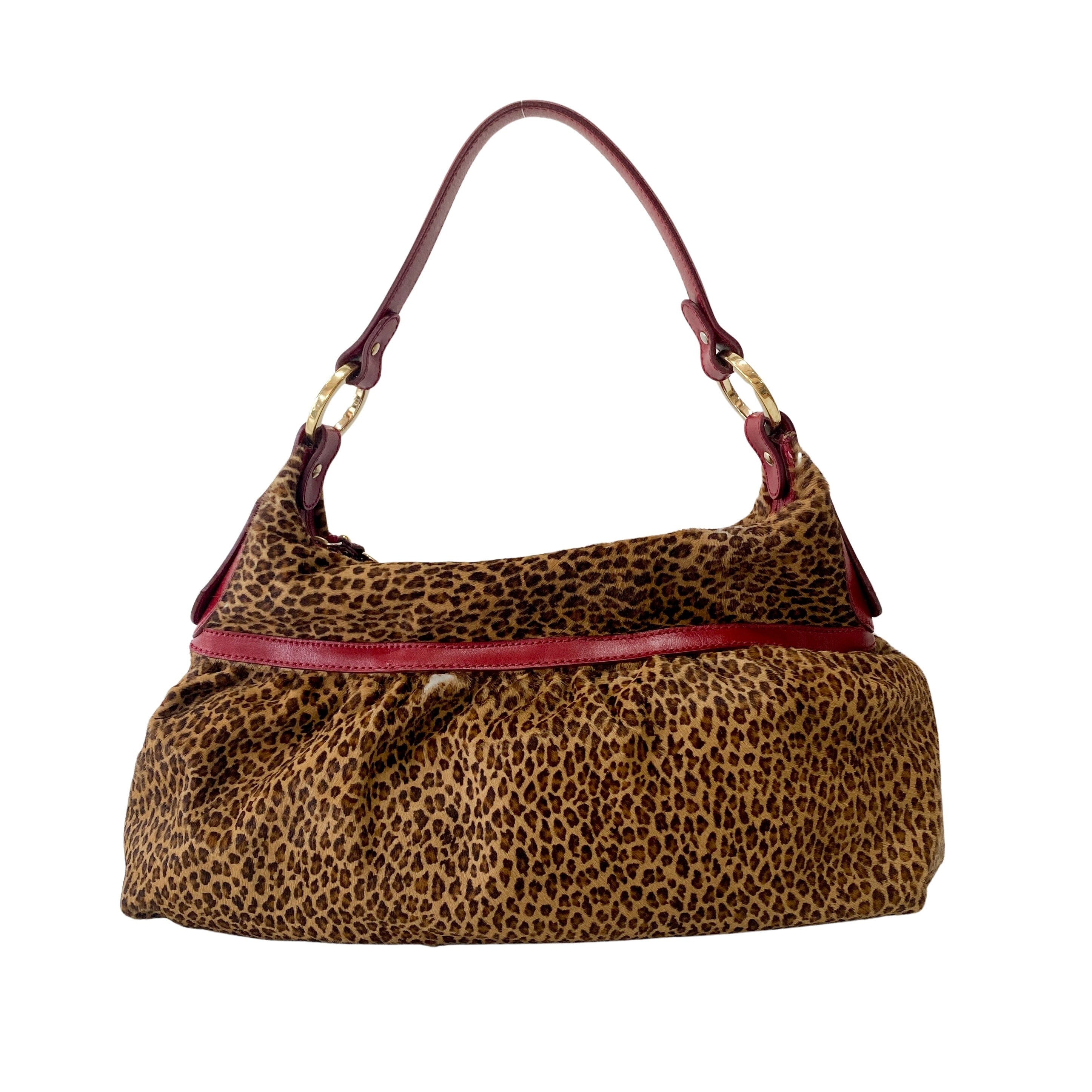 Brown Pony Hair & Red Leather Shoulder Bag