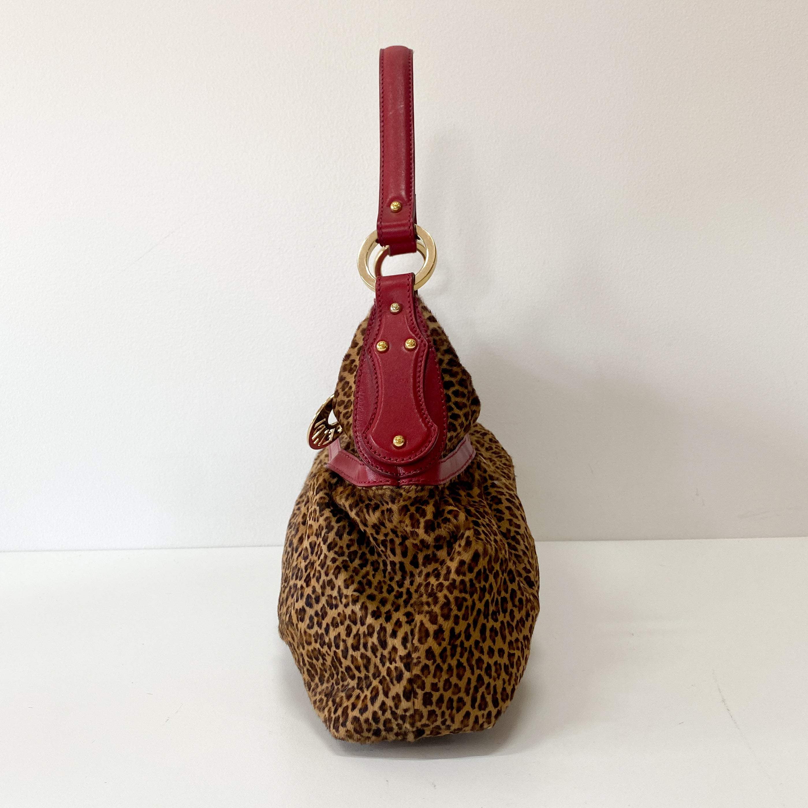 Brown Pony Hair & Red Leather Shoulder Bag