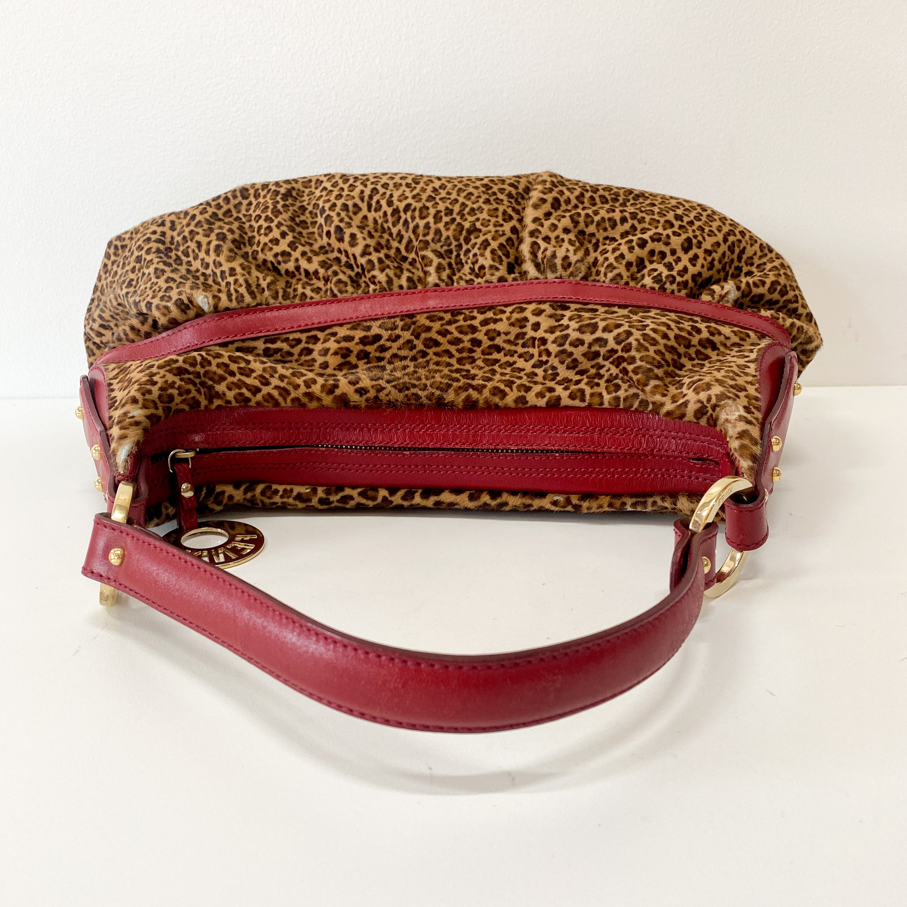 Brown Pony Hair & Red Leather Shoulder Bag