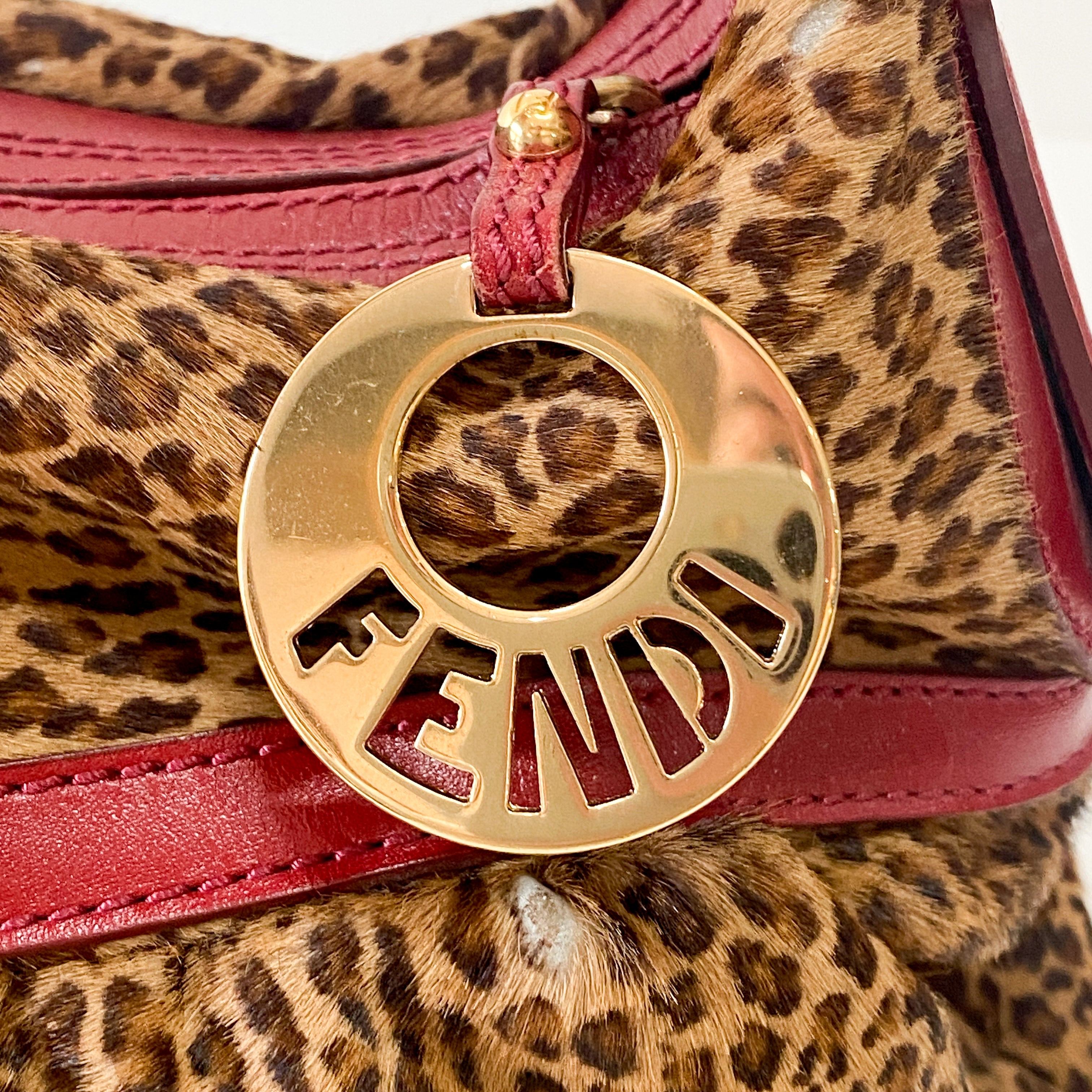 Brown Pony Hair & Red Leather Shoulder Bag