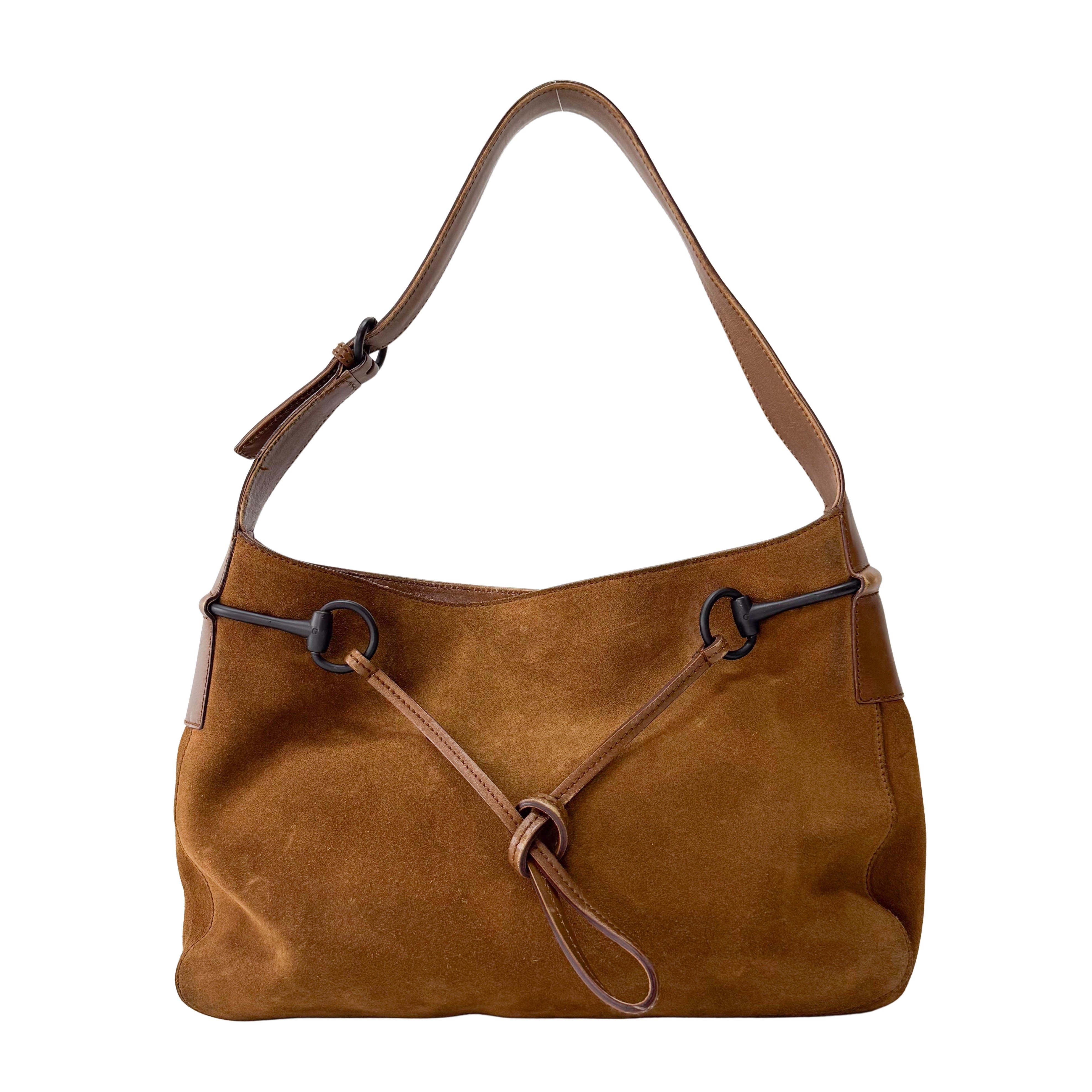Horsebit Hobo Brown Suede Shoulder Bag