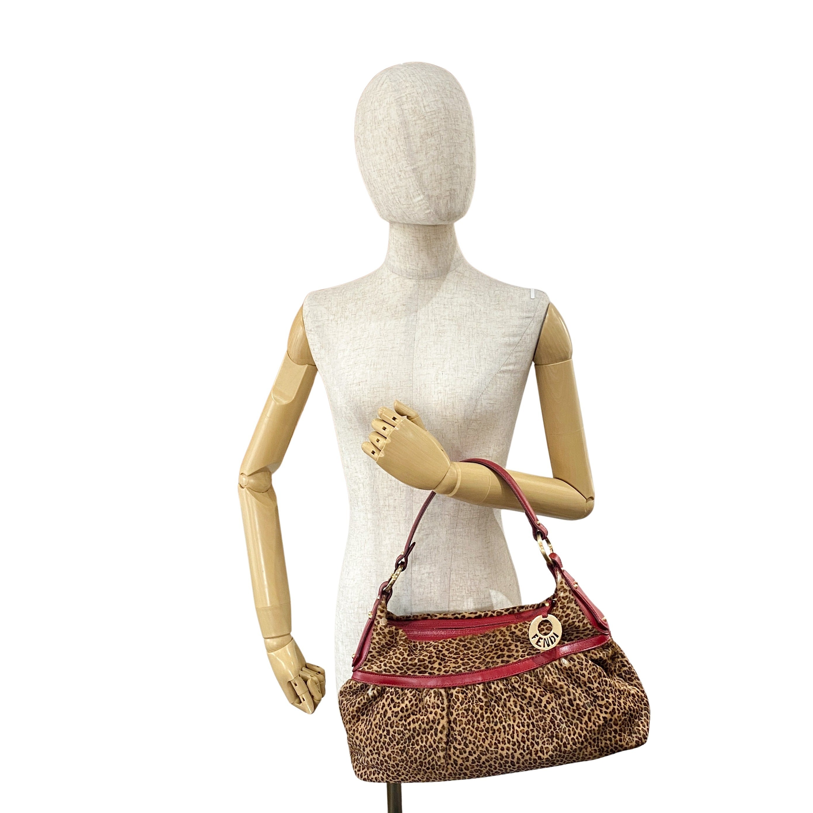 Brown Pony Hair & Red Leather Shoulder Bag