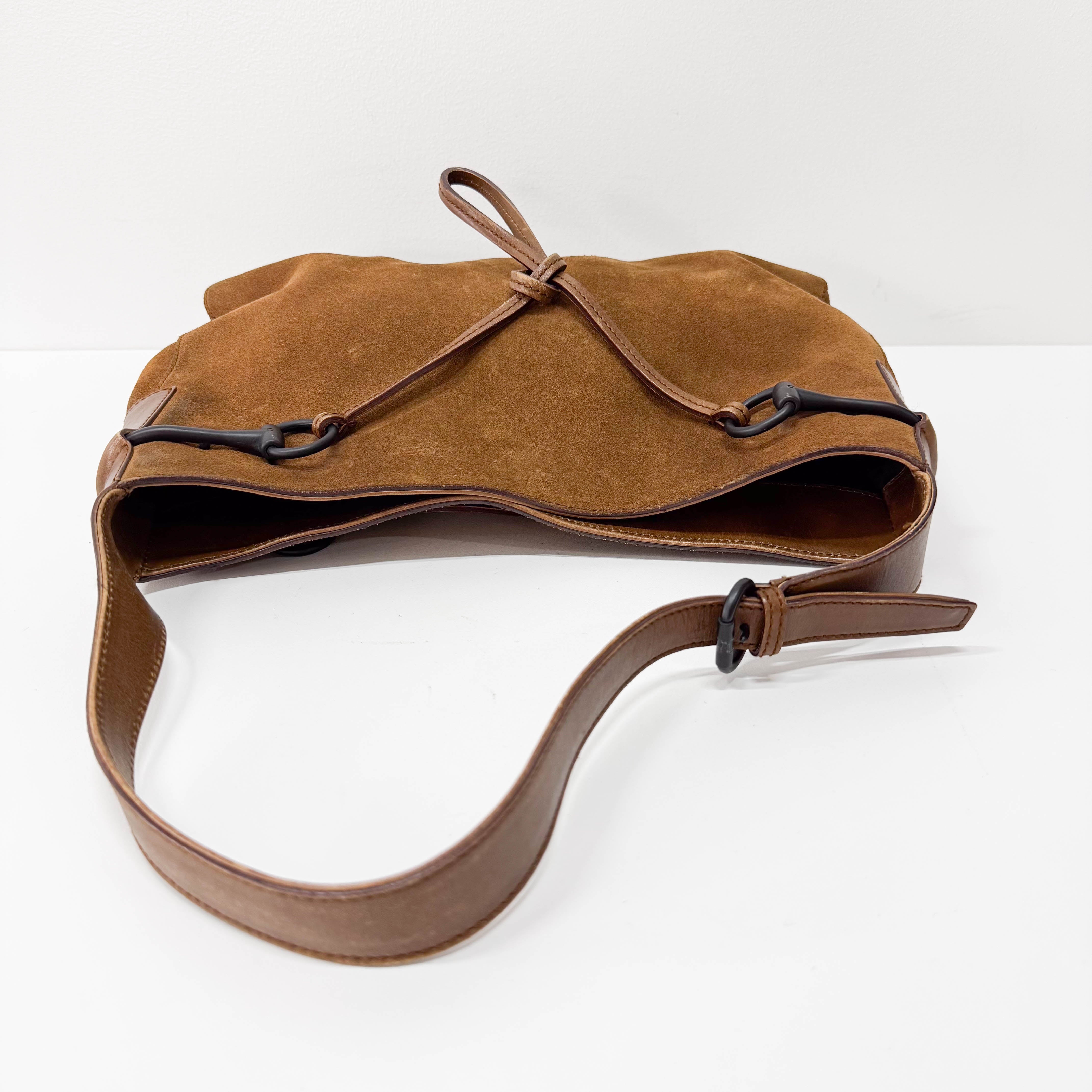 Horsebit Hobo Brown Suede Shoulder Bag