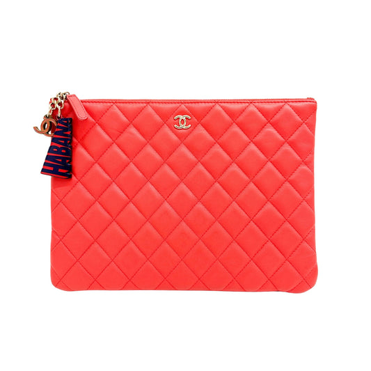 Matelasse Red Leather Clutch Bag