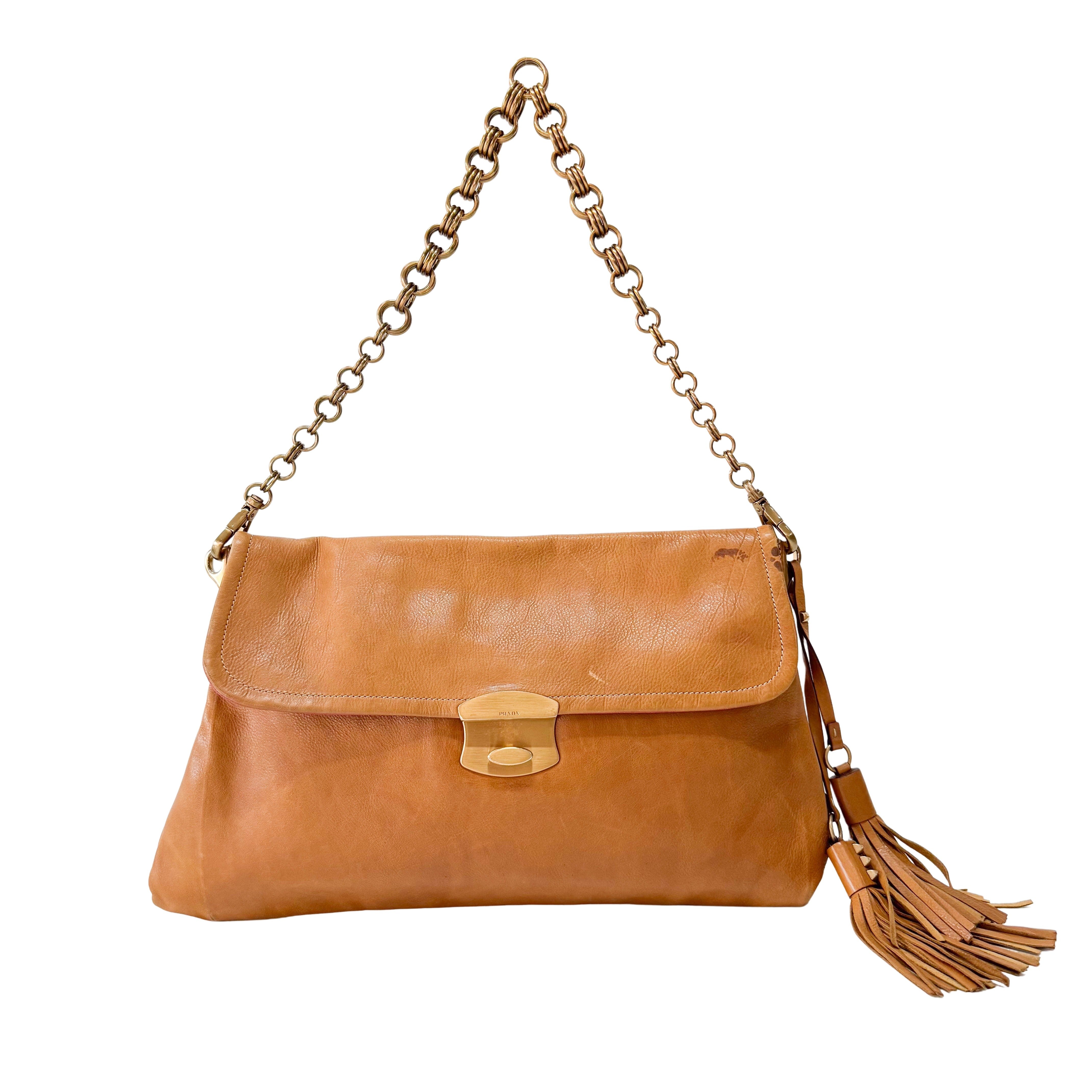 Brown Leather Chain Tassel Shoulder Bag
