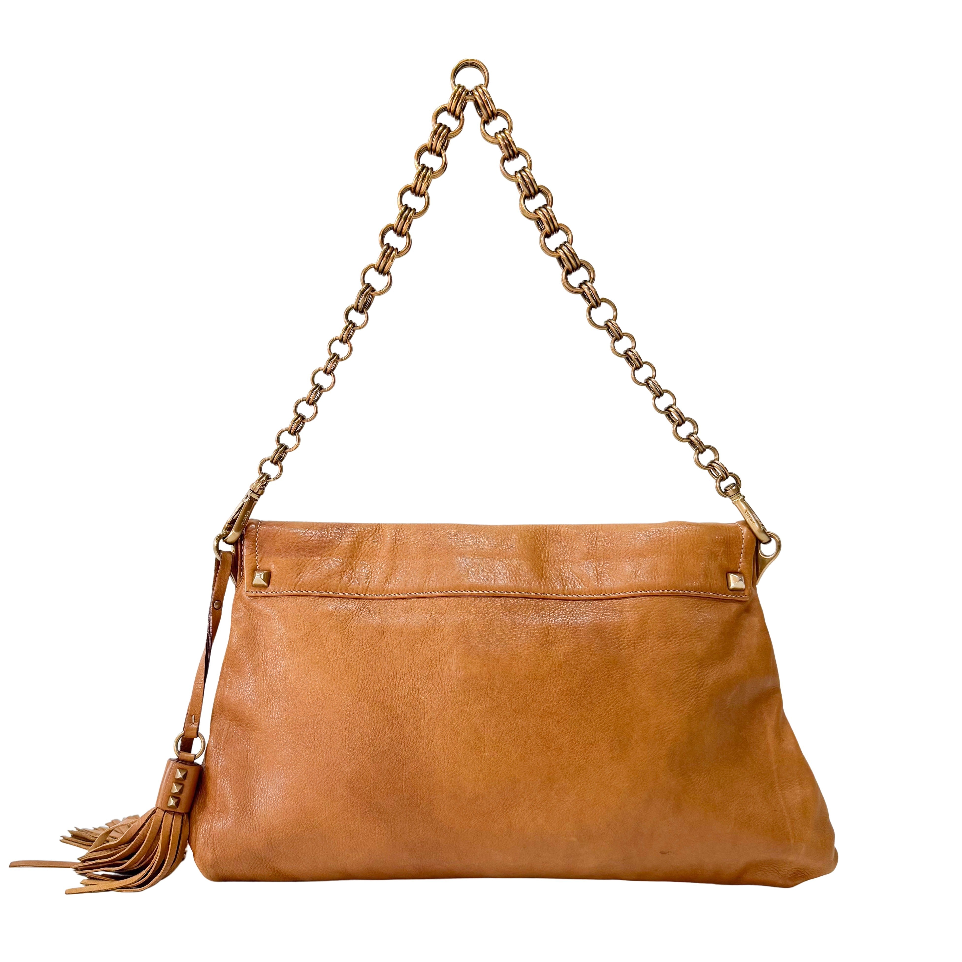 Brown Leather Chain Tassel Shoulder Bag