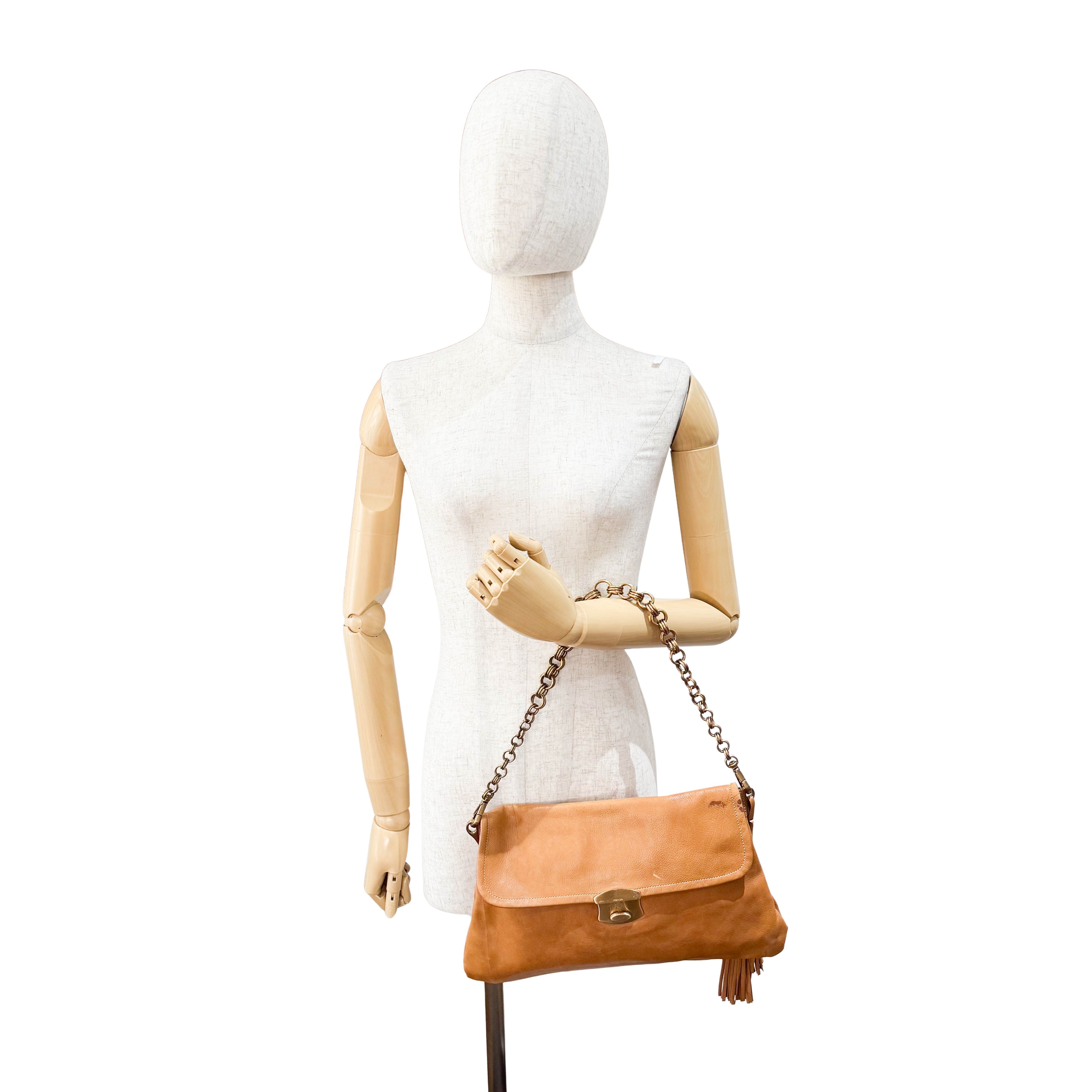 Brown Leather Chain Tassel Shoulder Bag