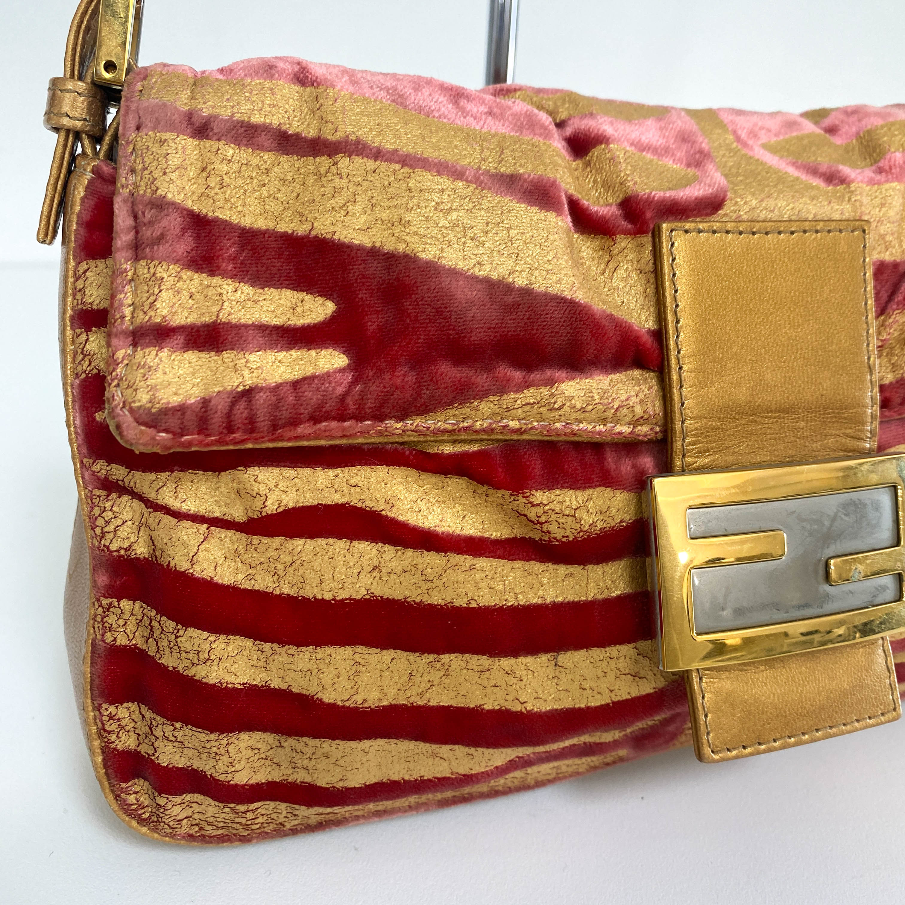 Baguette Red Tiger Gold Zebra Pattern Leather / Velvet Shoulder Bag