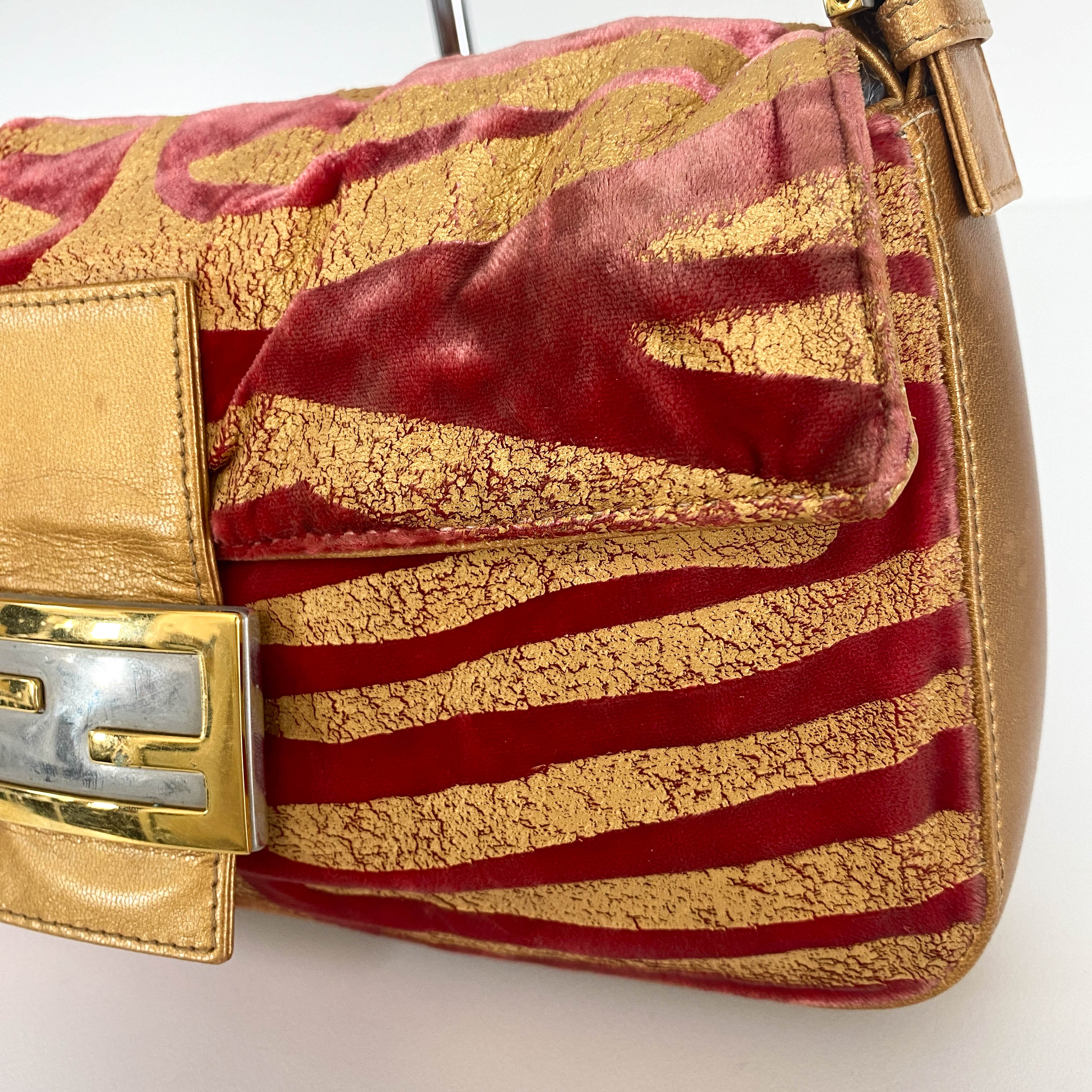 Baguette Red Tiger Gold Zebra Pattern Leather / Velvet Shoulder Bag